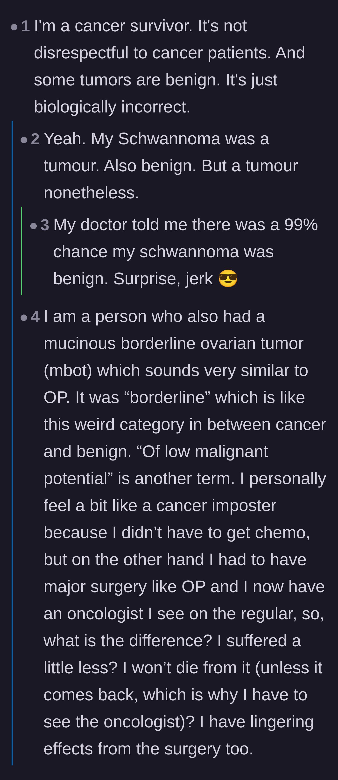 Comment thread 4 - An actual cancer survivor confirming they aren't offended, sparking a nuanced talk about medical imposter syndrome.