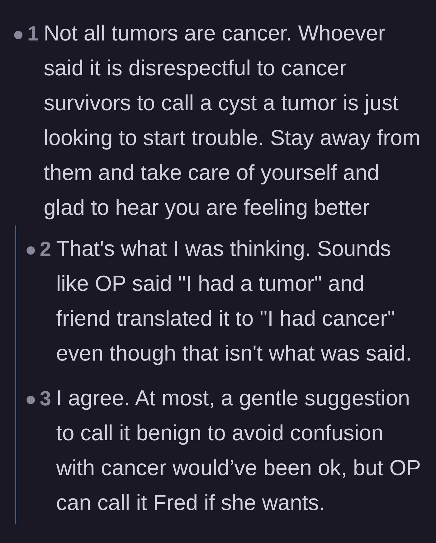 Comment thread 5 - Readers calling out the friend for intentionally misinterpreting the word tumor as cancer just to start drama.