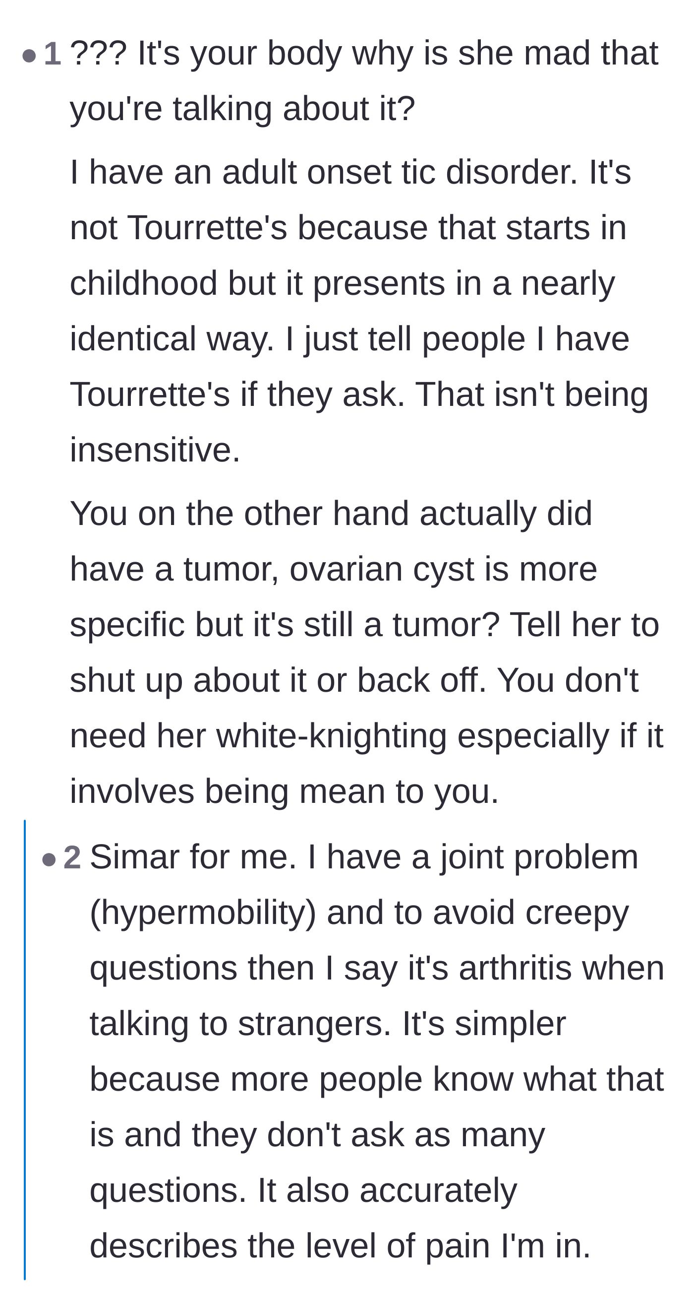 Comment thread 6 - People with various chronic conditions sharing how they use simplified medical terms to avoid invasive questions.