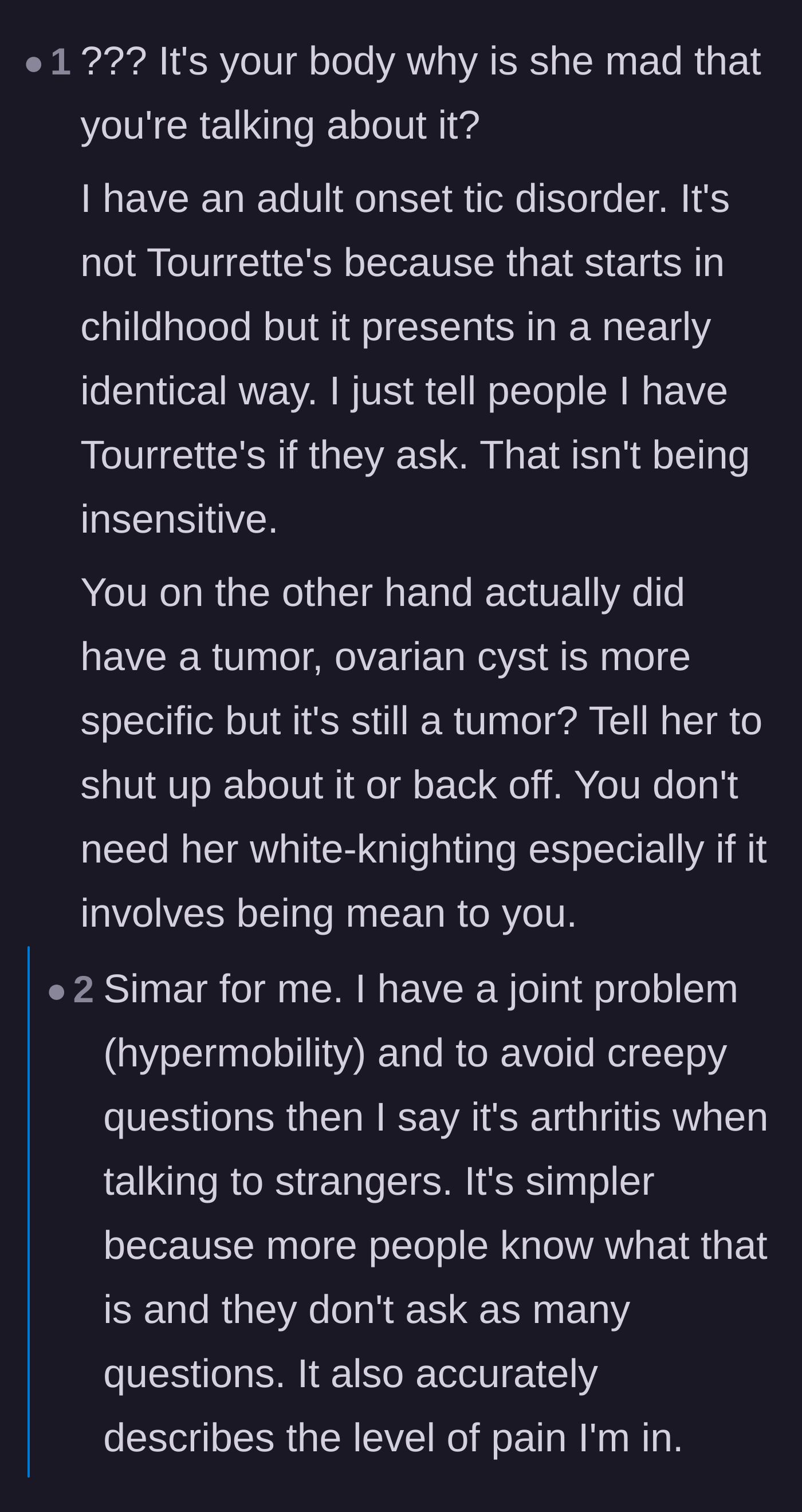 Comment thread 6 - People with various chronic conditions sharing how they use simplified medical terms to avoid invasive questions.