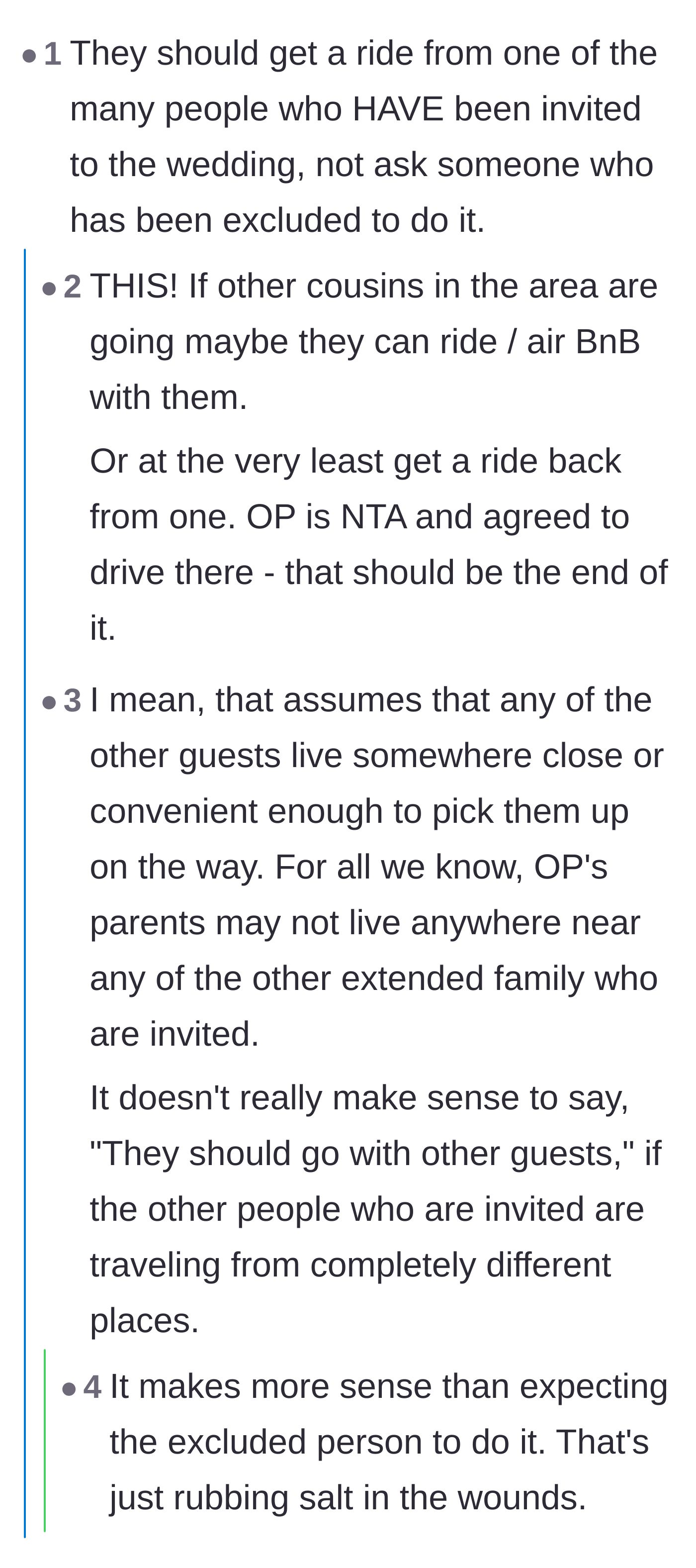 Comment thread 1 - Debate on whether the parents should hitch a ride with other invited family members instead of bothering the excluded main character.
