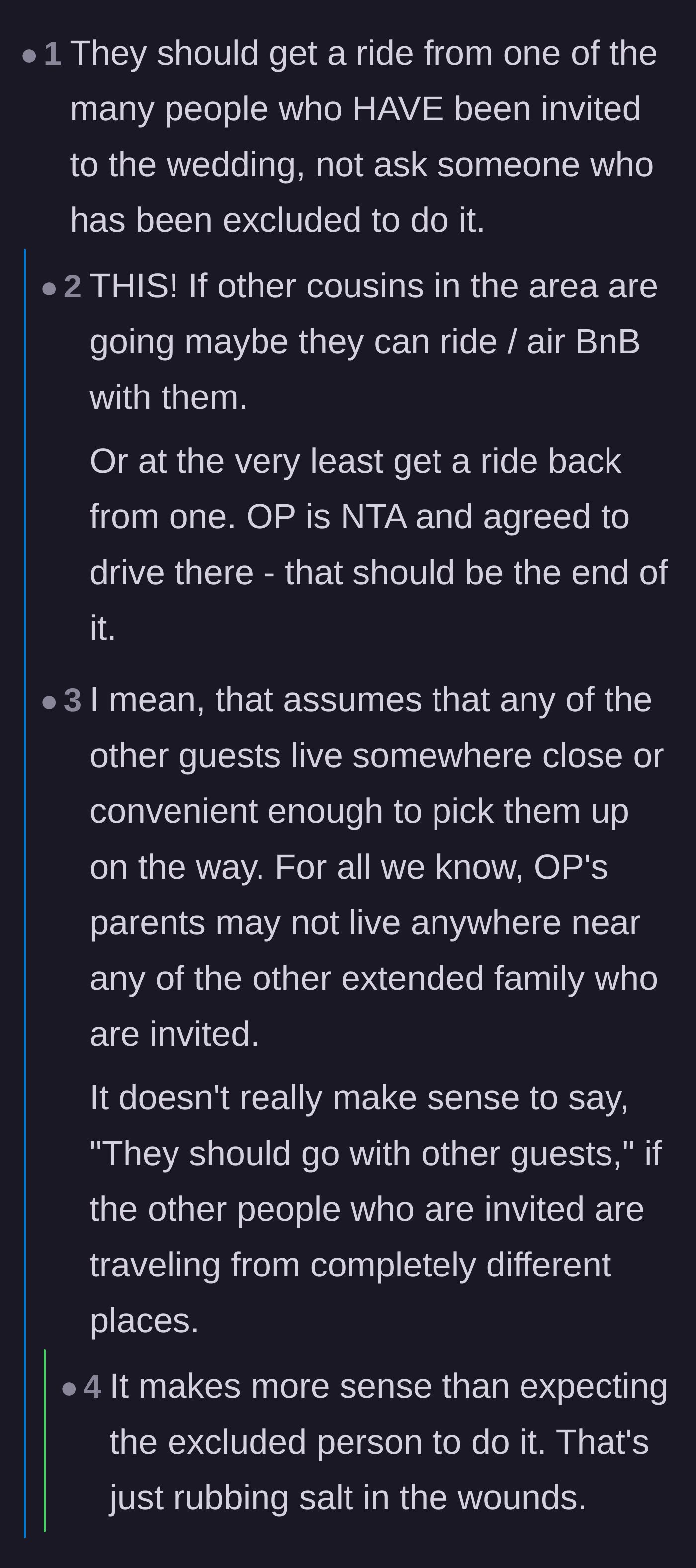 Comment thread 1 - Debate on whether the parents should hitch a ride with other invited family members instead of bothering the excluded main character.