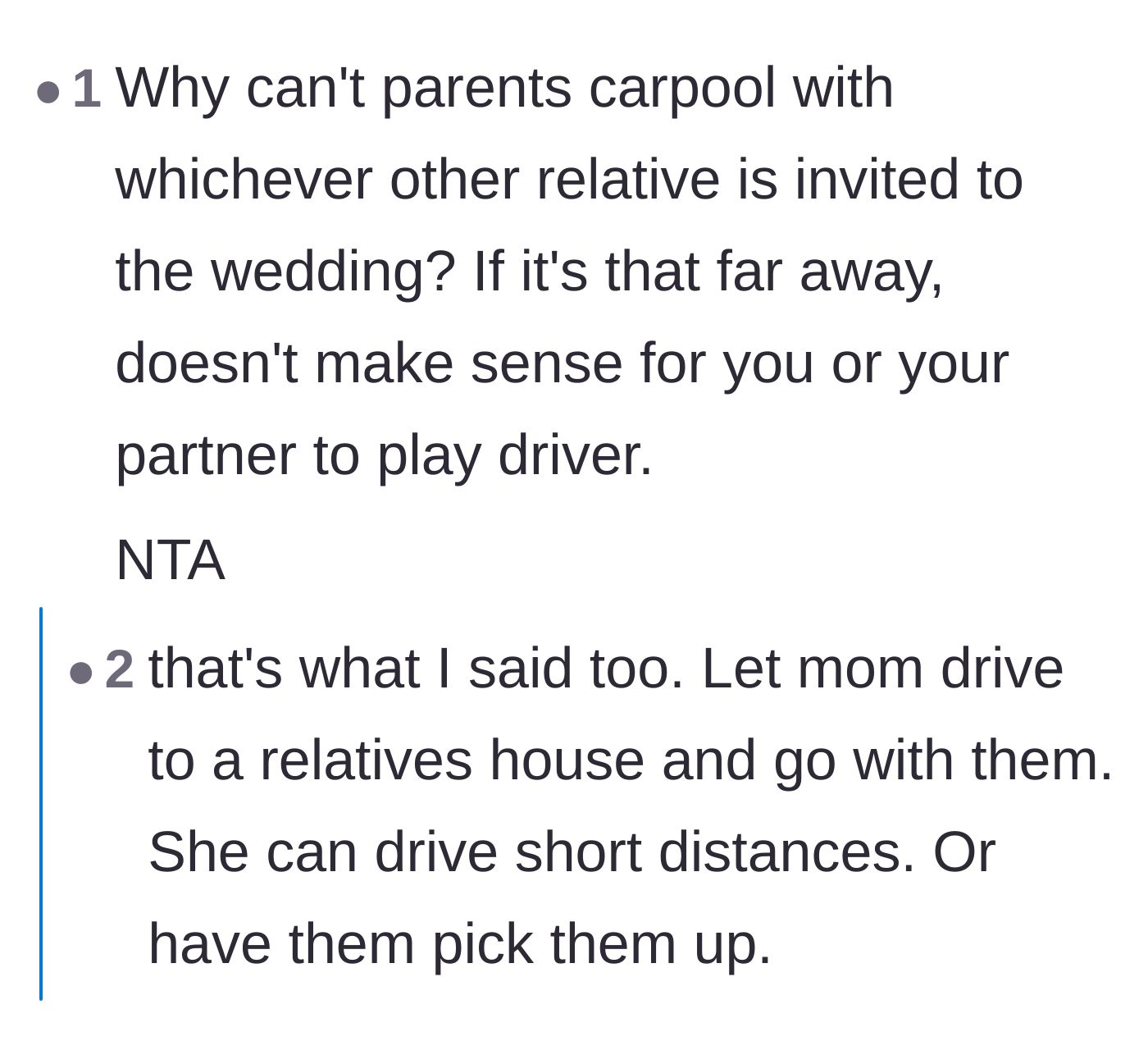 Comment thread 2 - Suggestions for the parents to drive a short distance to carpool with relatives who actually made the guest list.