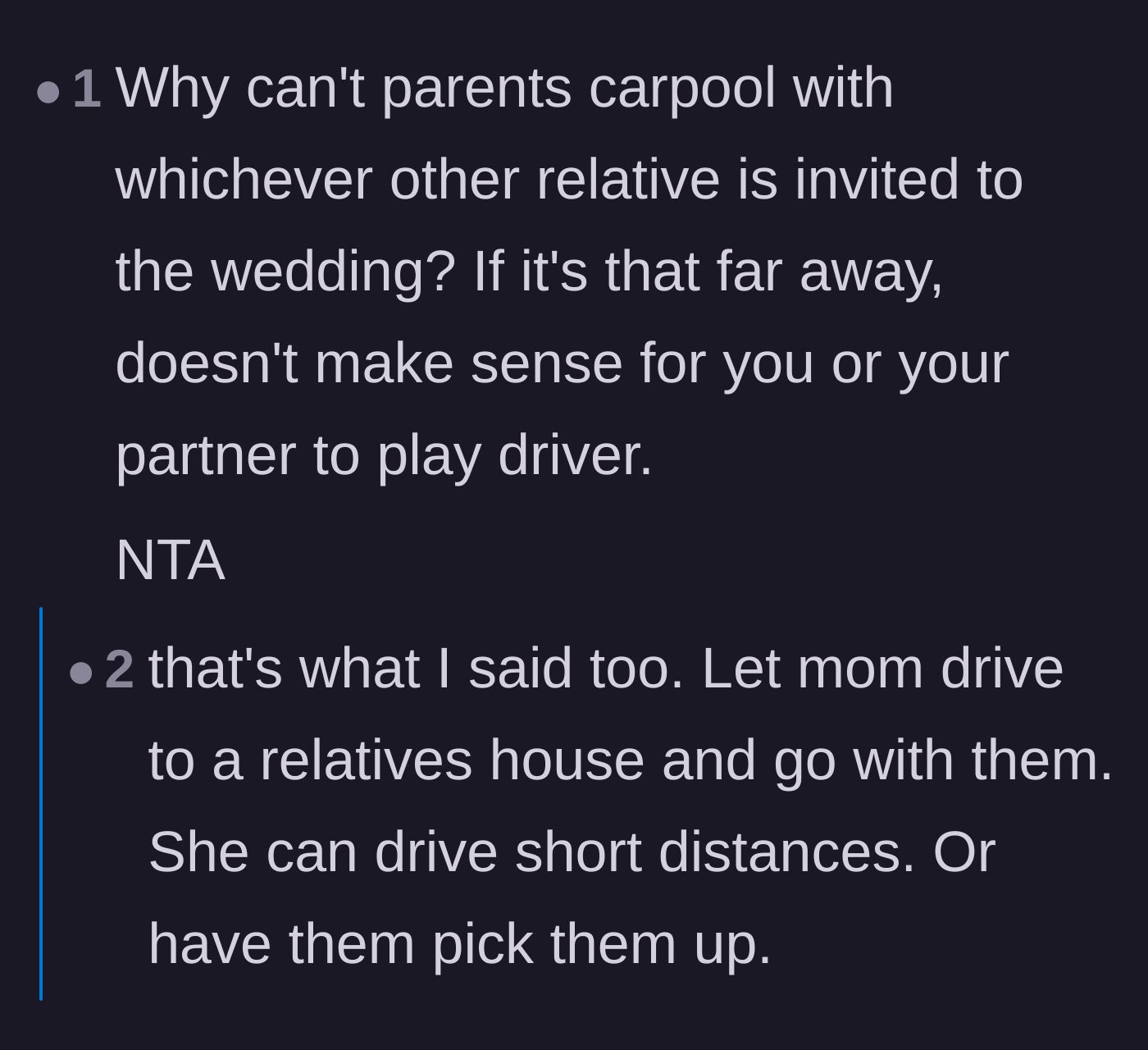 Comment thread 2 - Suggestions for the parents to drive a short distance to carpool with relatives who actually made the guest list.
