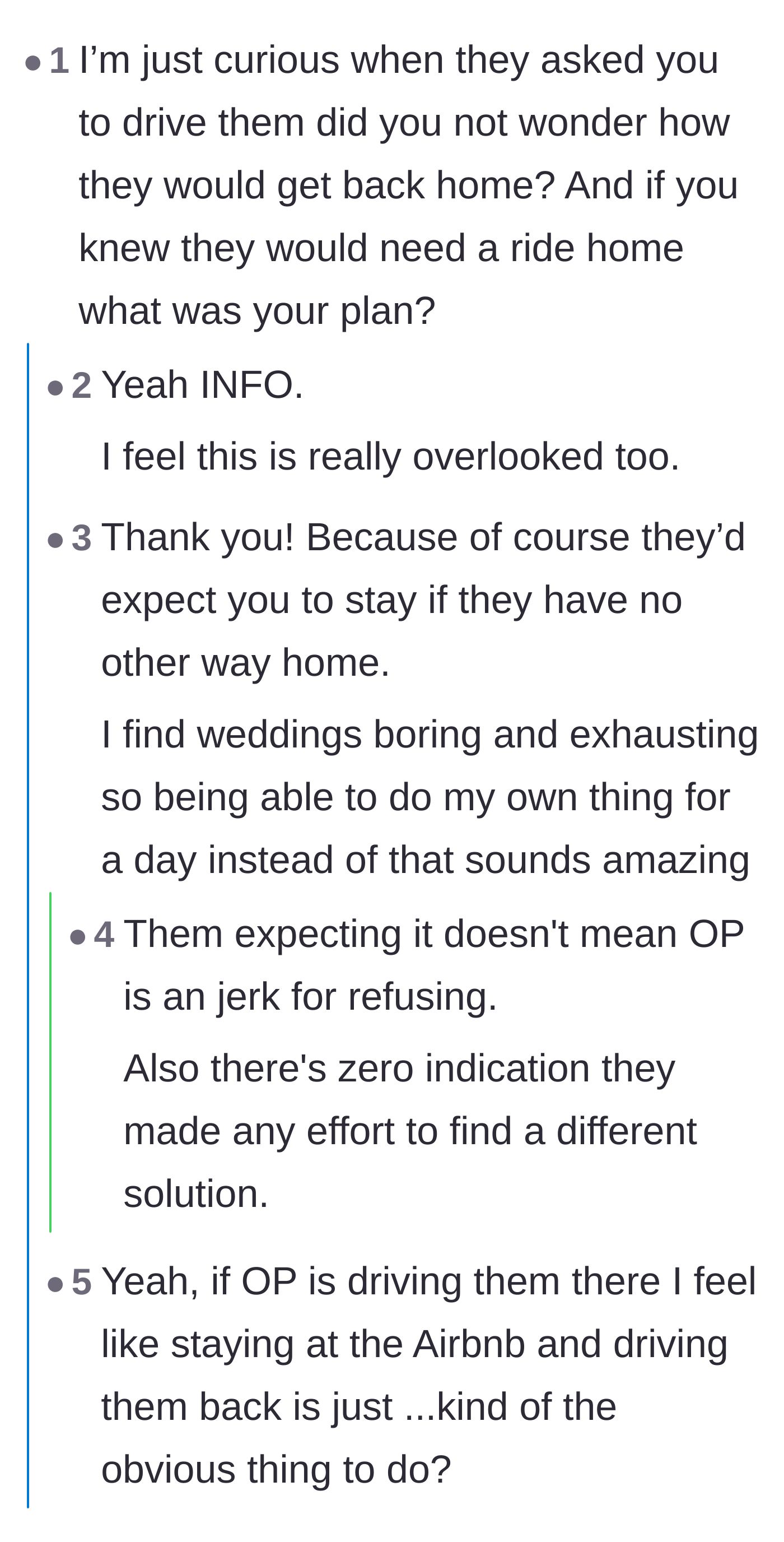 Comment thread 3 - Readers questioning the main character's initial plan for how the parents would get home after a one-way drop-off.