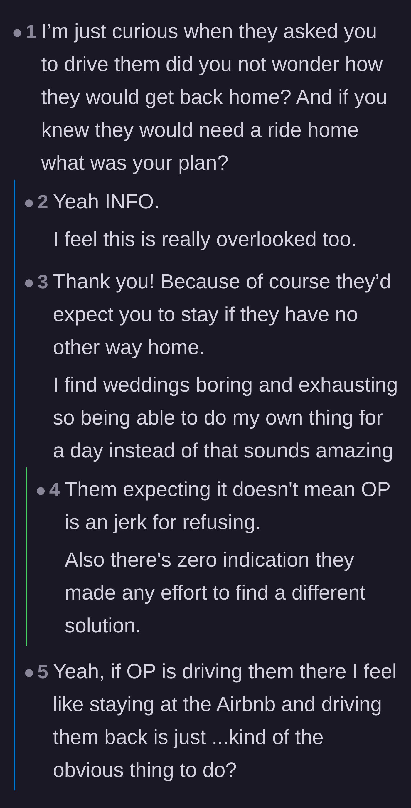 Comment thread 3 - Readers questioning the main character's initial plan for how the parents would get home after a one-way drop-off.