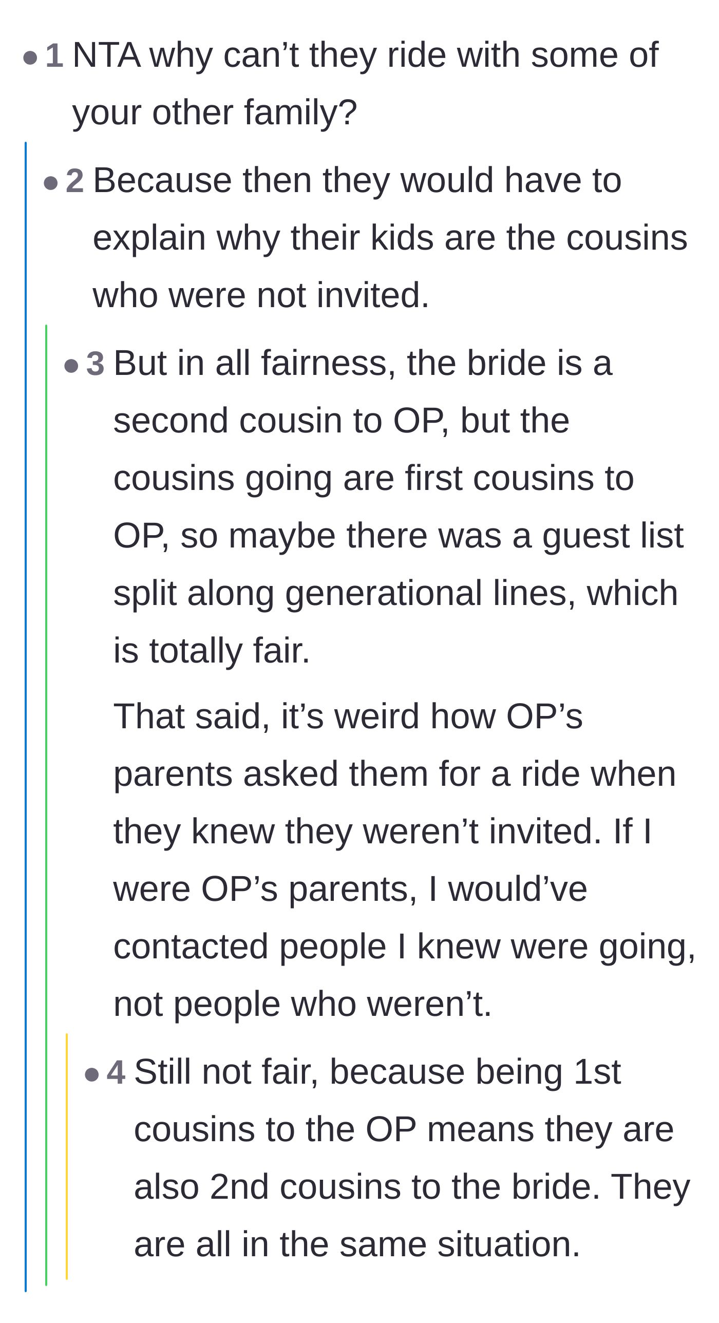 Comment thread 4 - Speculation that the parents avoided asking other relatives for a ride to hide the awkward fact that their child wasn't invited.