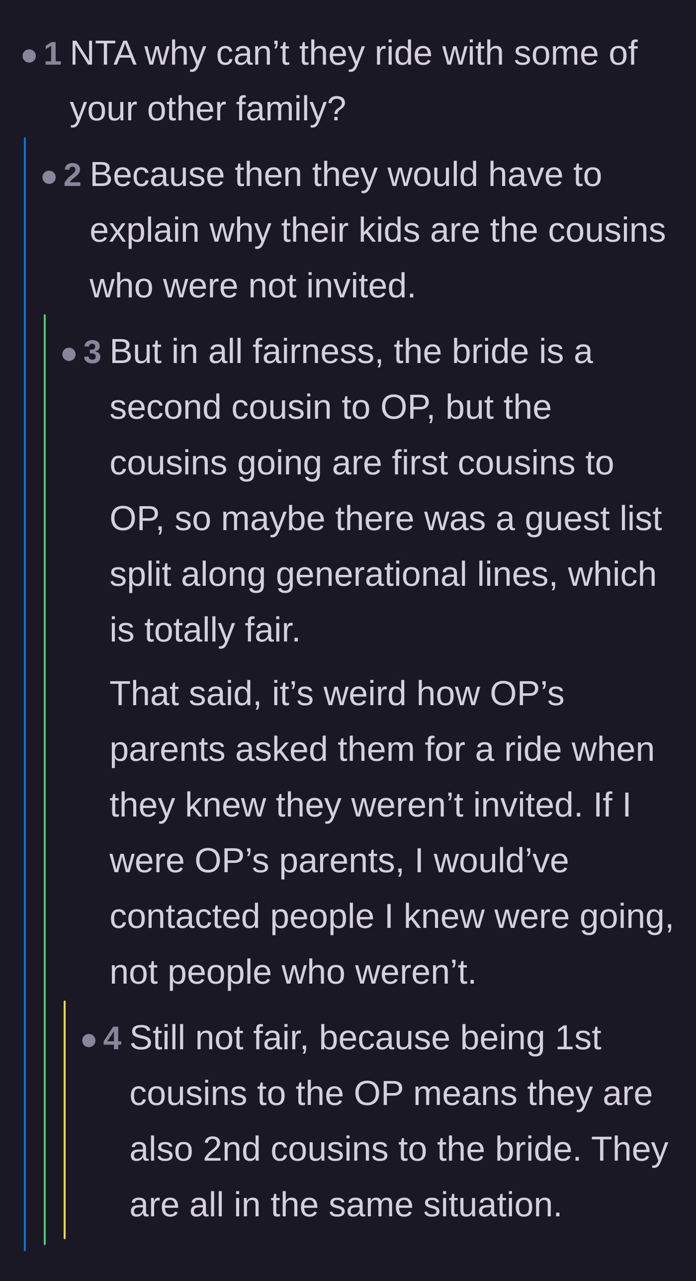 Comment thread 4 - Speculation that the parents avoided asking other relatives for a ride to hide the awkward fact that their child wasn't invited.
