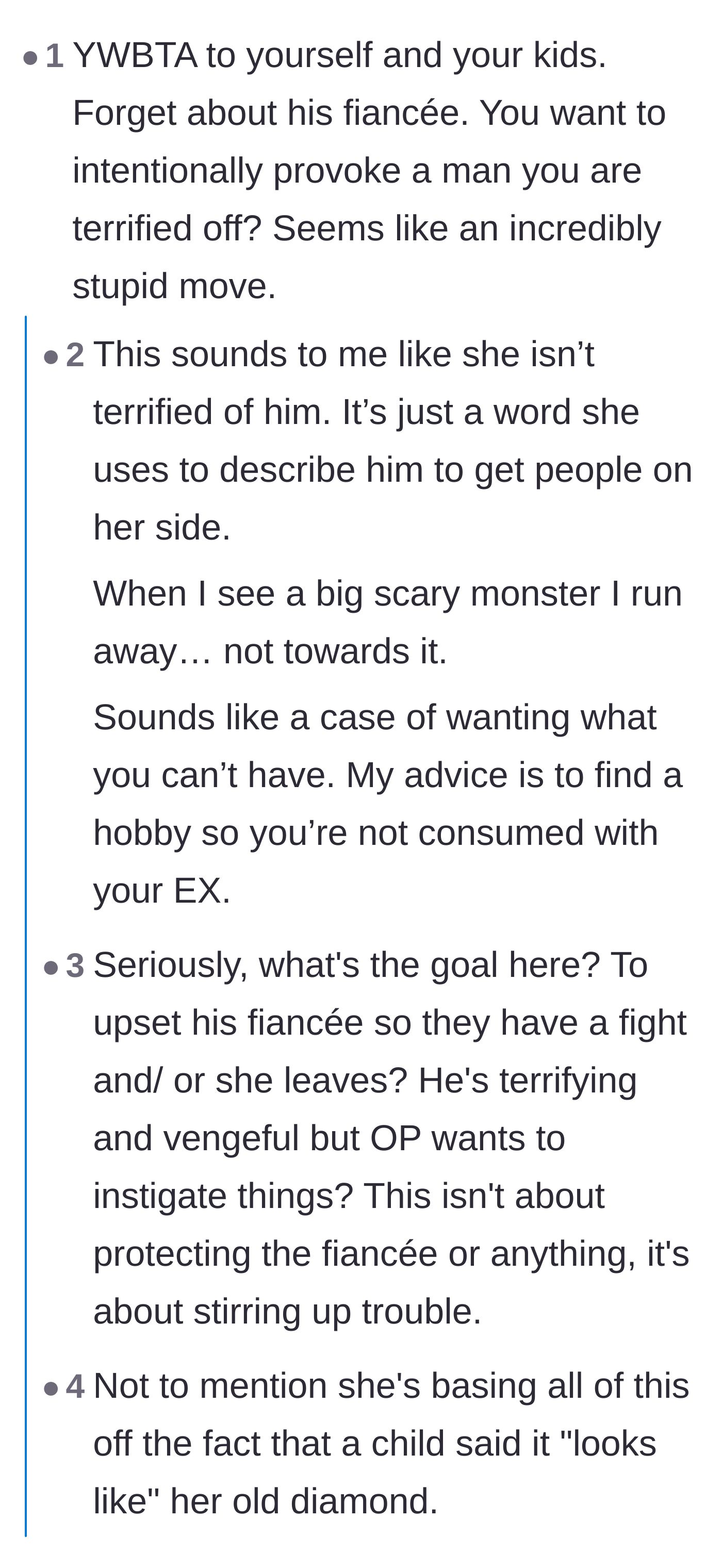 Comment thread 1 - Readers debating why the ex-wife would want to provoke a man she claims to be terrified of, while joking about her daughter's diamond expertise.