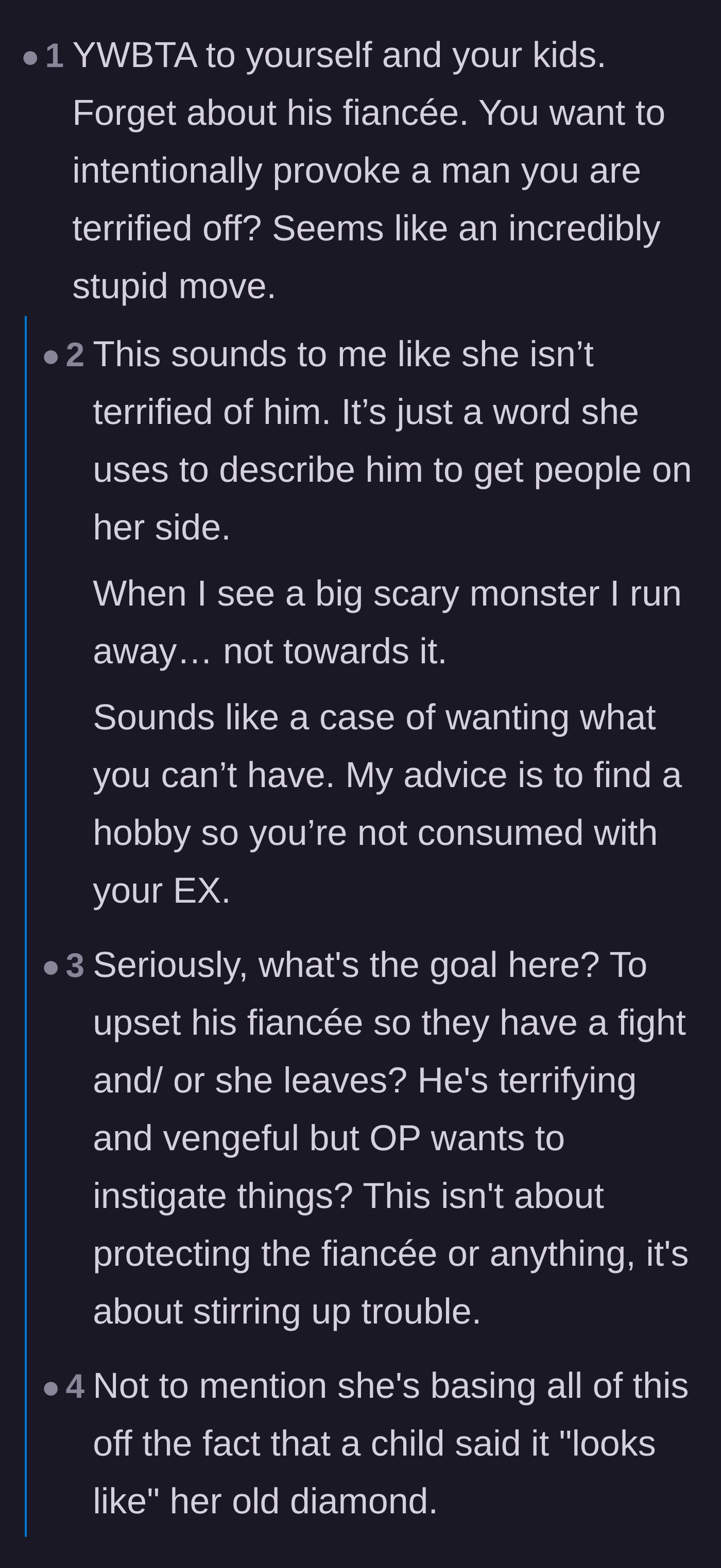 Comment thread 1 - Readers debating why the ex-wife would want to provoke a man she claims to be terrified of, while joking about her daughter's diamond expertise.