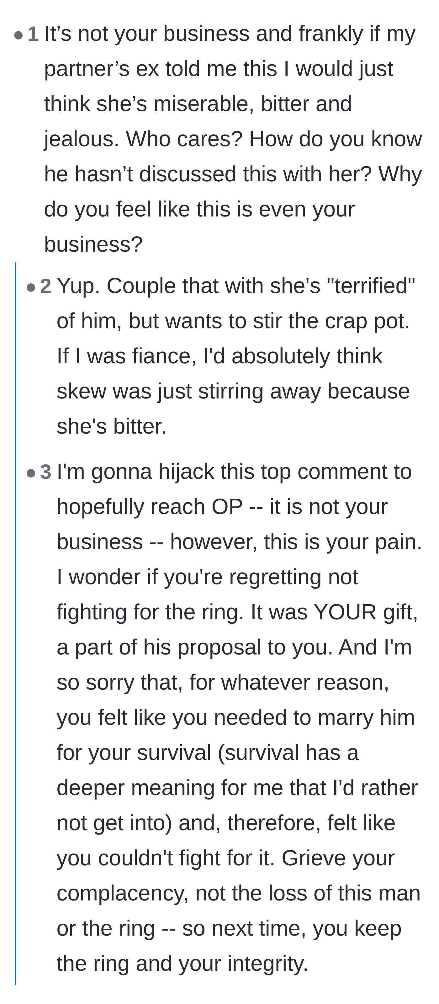 Comment thread 2 - Commenters warning that telling the new fiancée will just make the ex-wife look bitter and jealous.