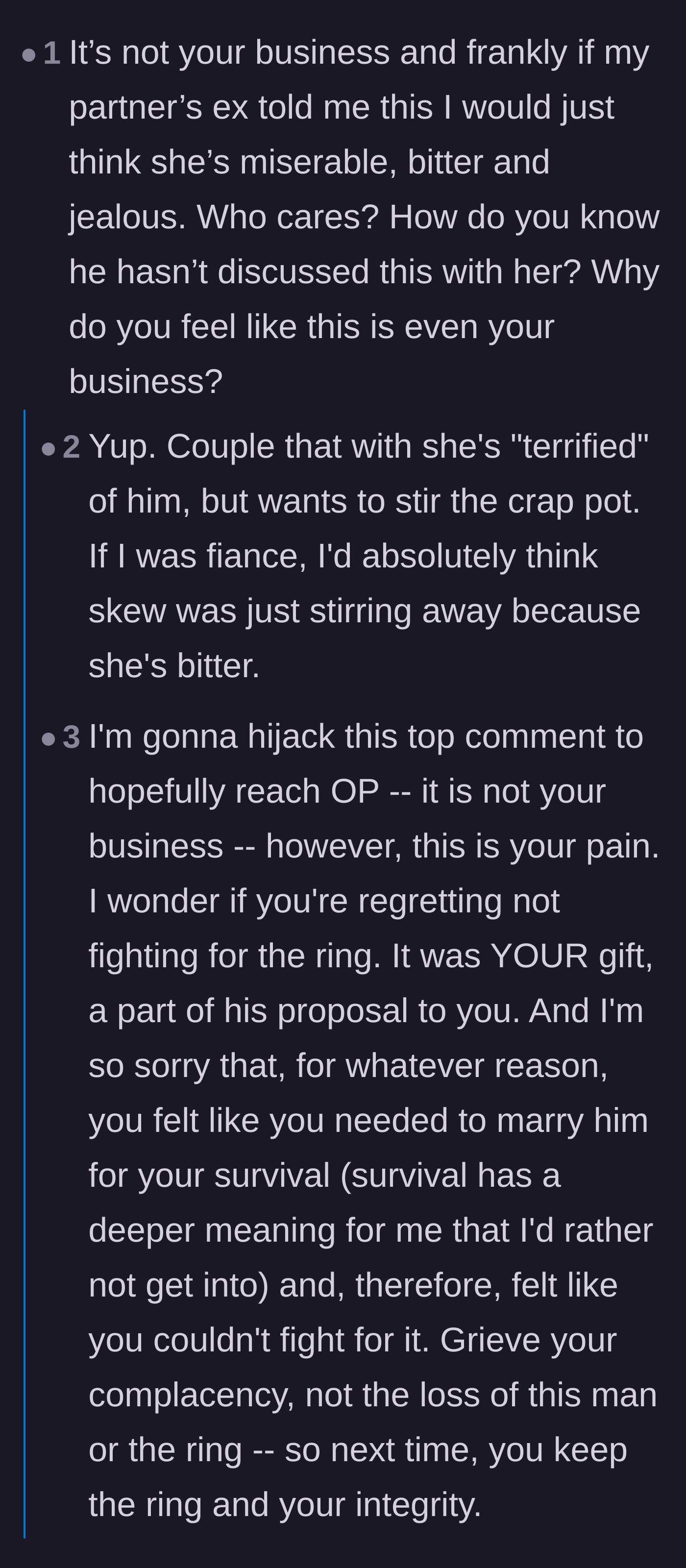 Comment thread 2 - Commenters warning that telling the new fiancée will just make the ex-wife look bitter and jealous.