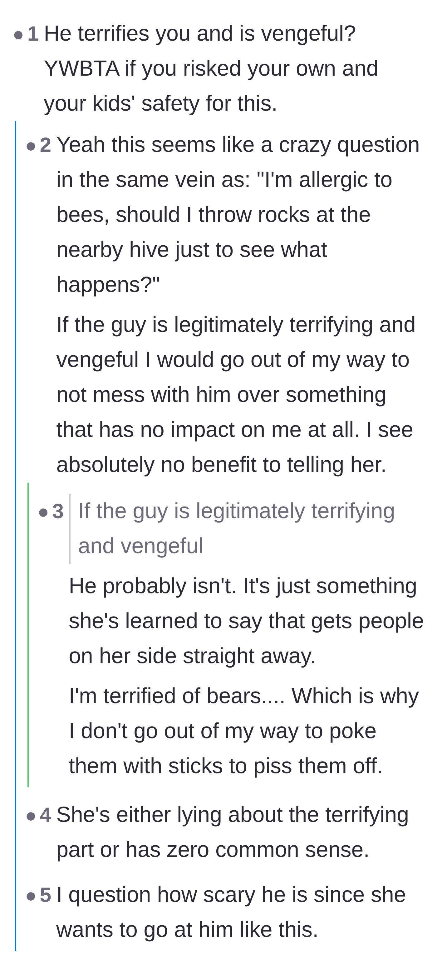 Comment thread 3 - Users comparing her desire to tell the fiancée to throwing rocks at a beehive when you're allergic.