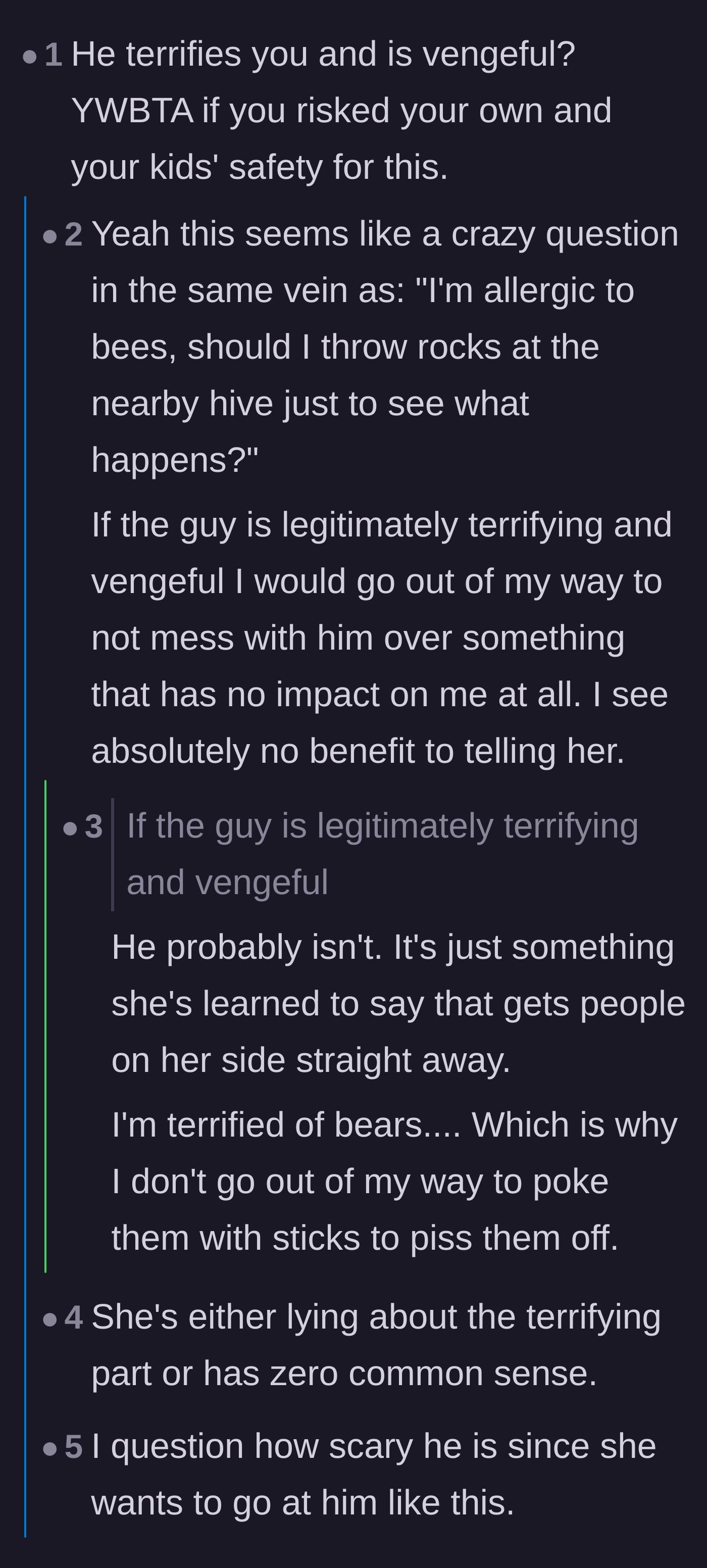 Comment thread 3 - Users comparing her desire to tell the fiancée to throwing rocks at a beehive when you're allergic.