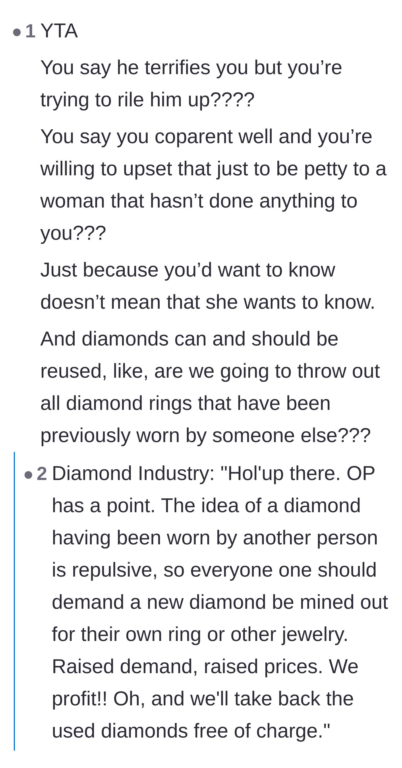 Comment thread 6 - A discussion on whether diamonds should actually be reused, ending with a joke about the diamond industry's marketing.