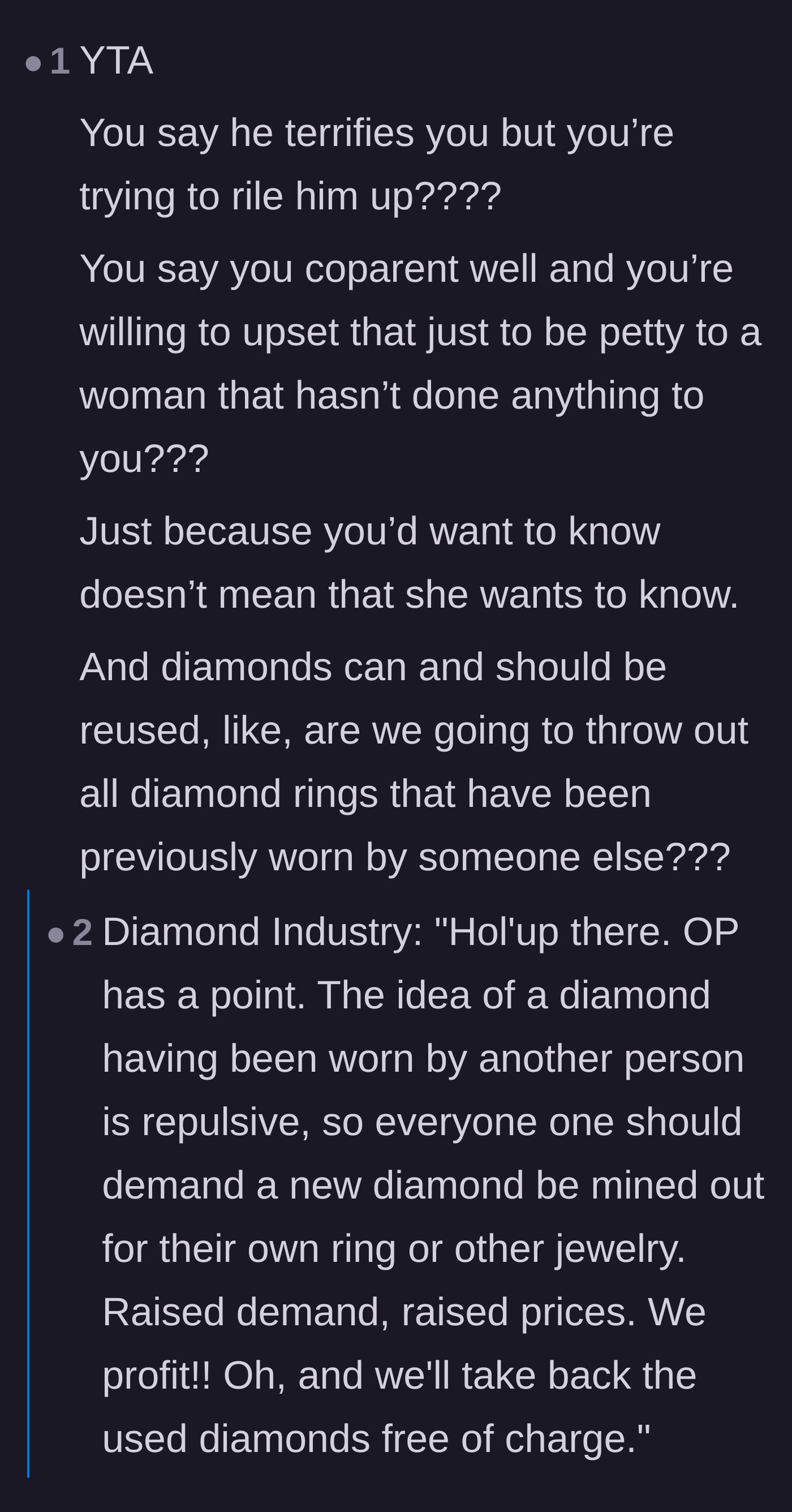 Comment thread 6 - A discussion on whether diamonds should actually be reused, ending with a joke about the diamond industry's marketing.