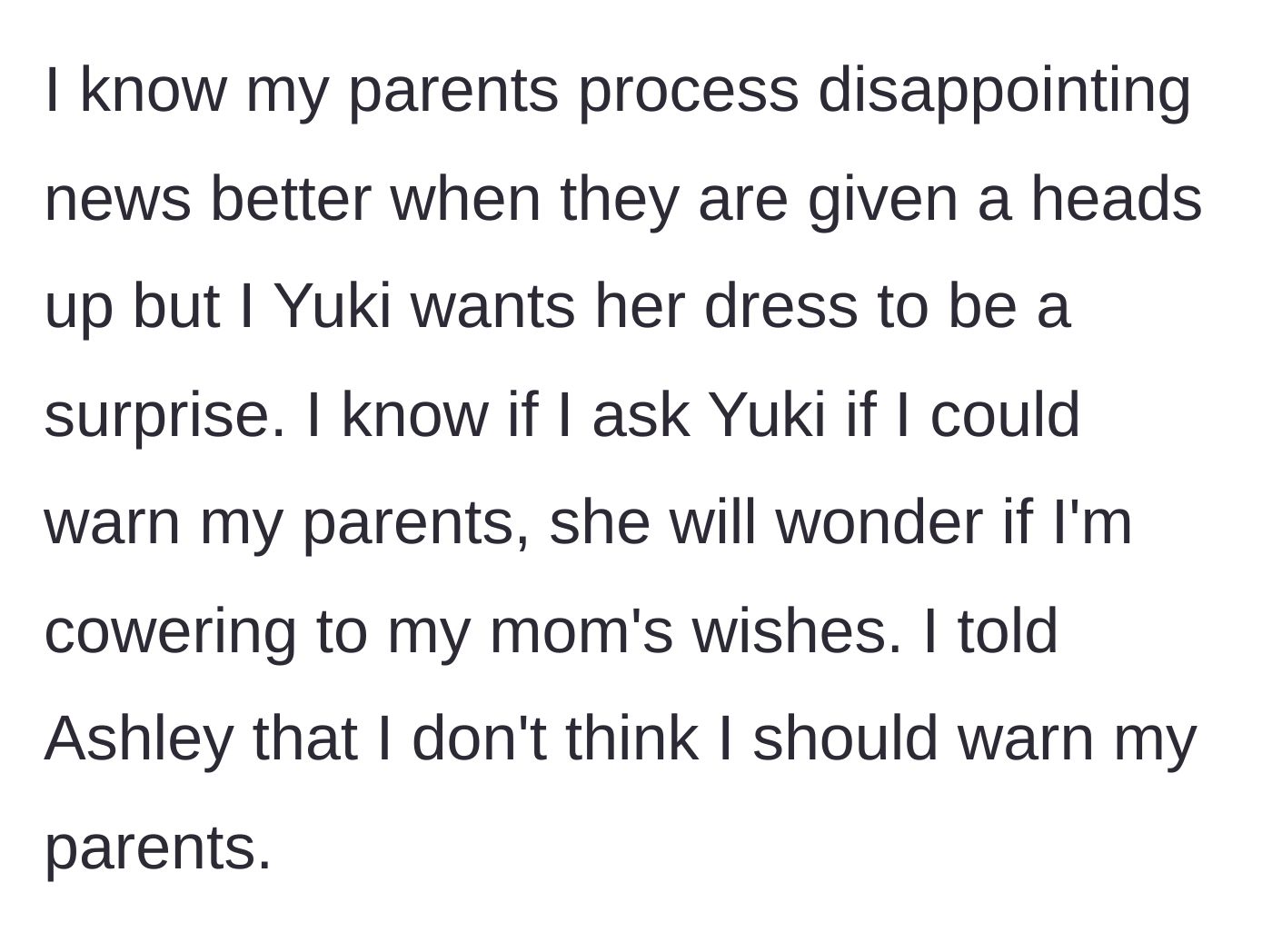 Story part 5 - Groom refuses to warn parents because Yuki wants a surprise and he refuses to look like he's caving to his mom.