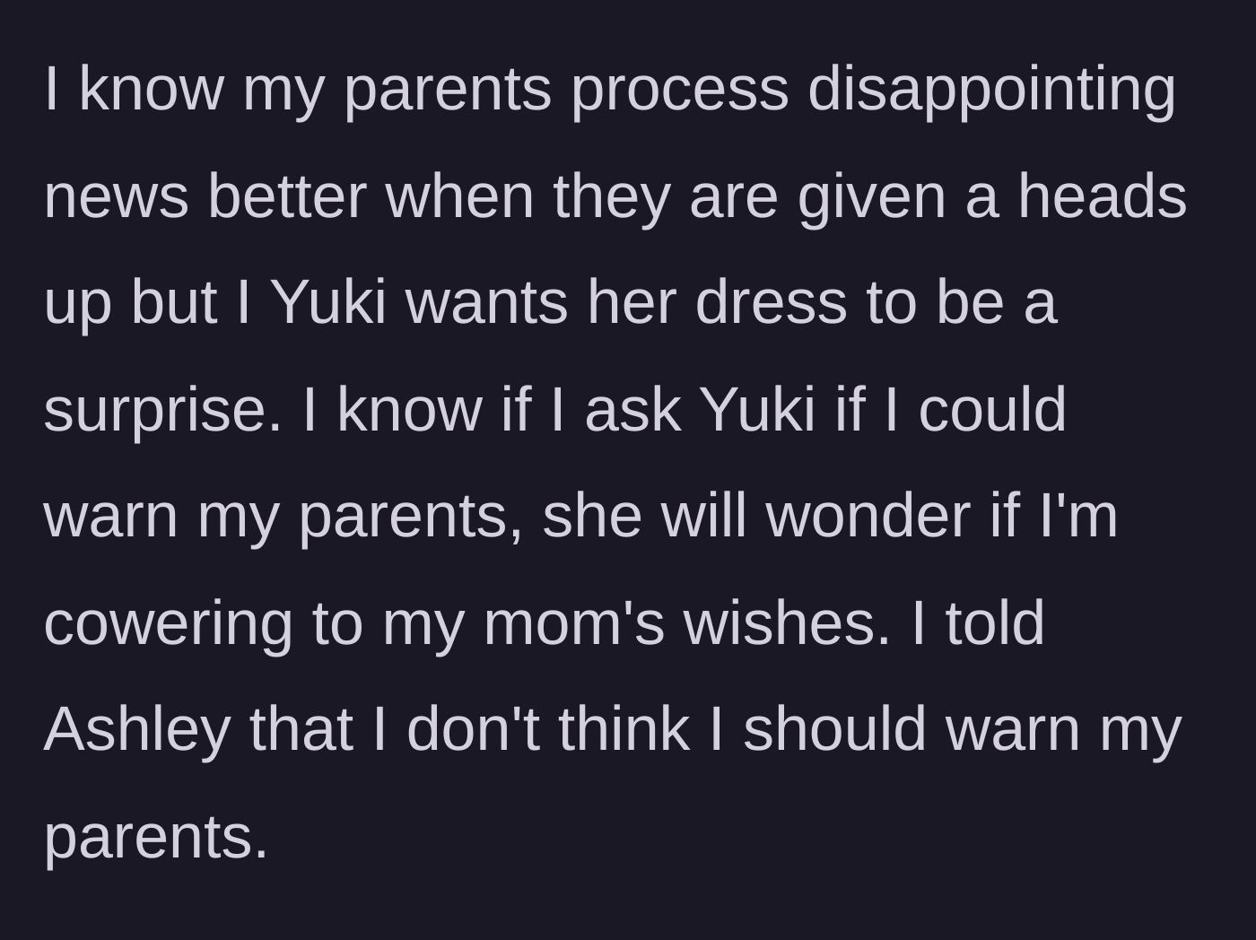 Story part 5 - Groom refuses to warn parents because Yuki wants a surprise and he refuses to look like he's caving to his mom.