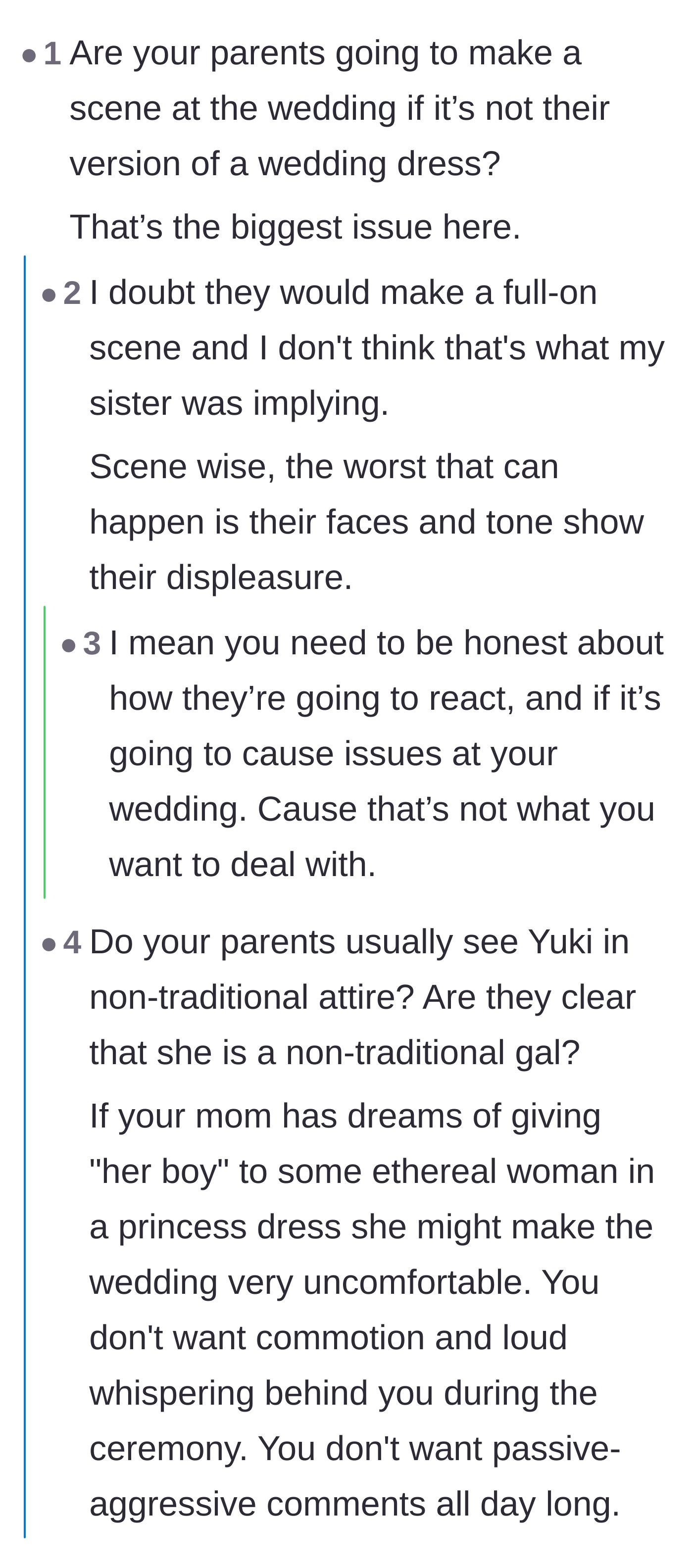 Comment thread 1 - Readers debating if the traditional parents will hold a permanent grudge against the bride over a black dress.