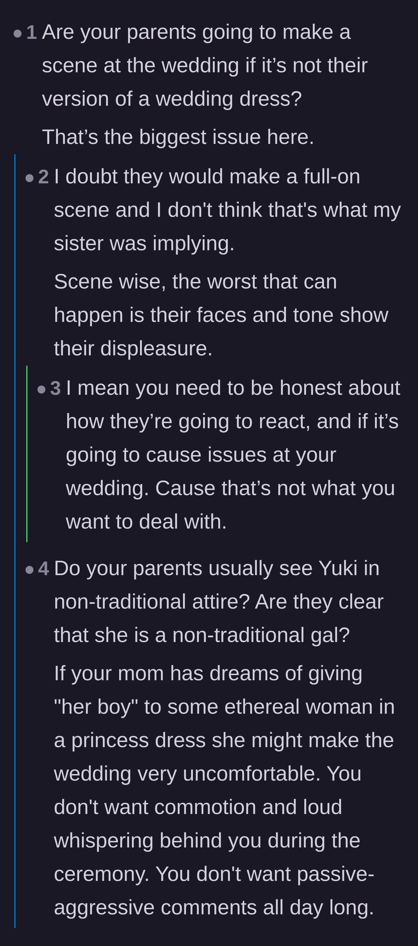 Comment thread 1 - Readers debating if the traditional parents will hold a permanent grudge against the bride over a black dress.