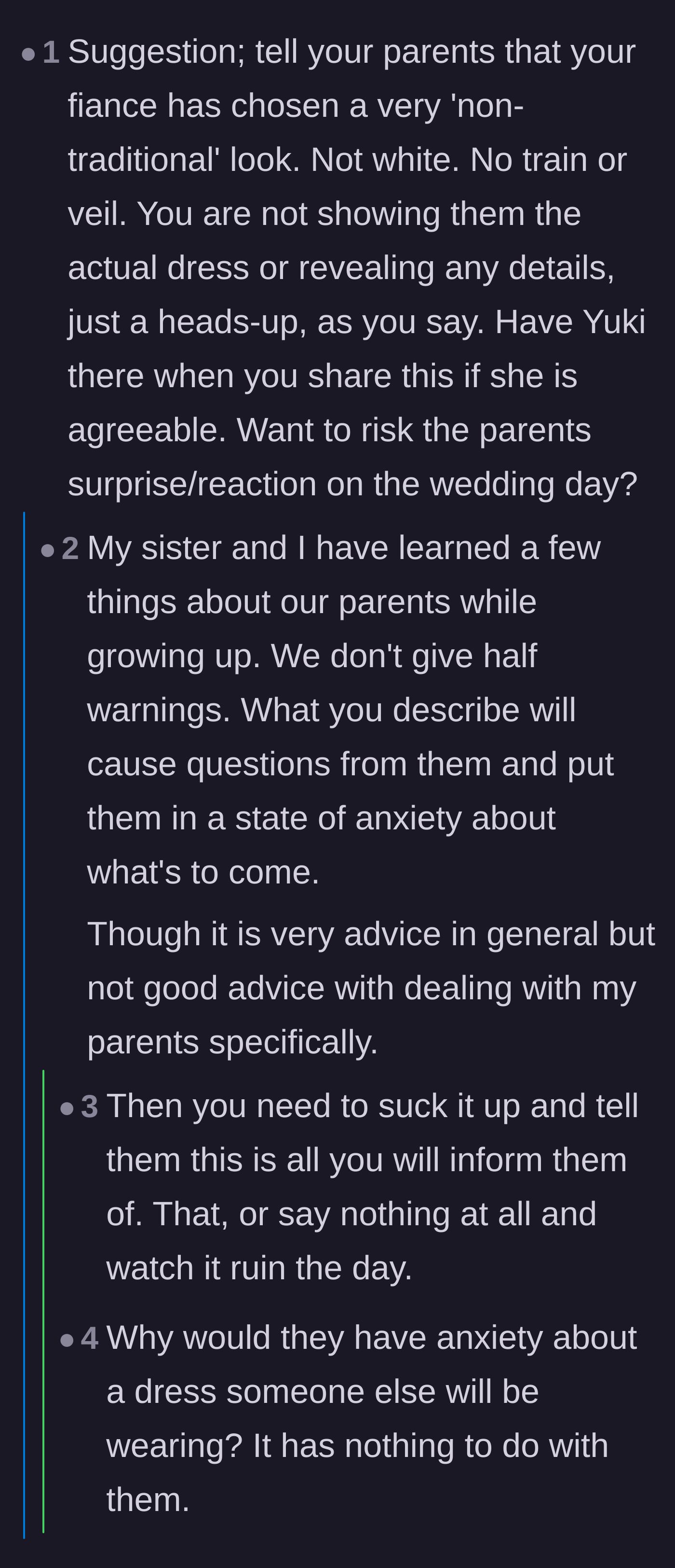 Comment thread 2 - A discussion on whether giving vague warnings to anxious, traditional parents is a good idea or a recipe for disaster.