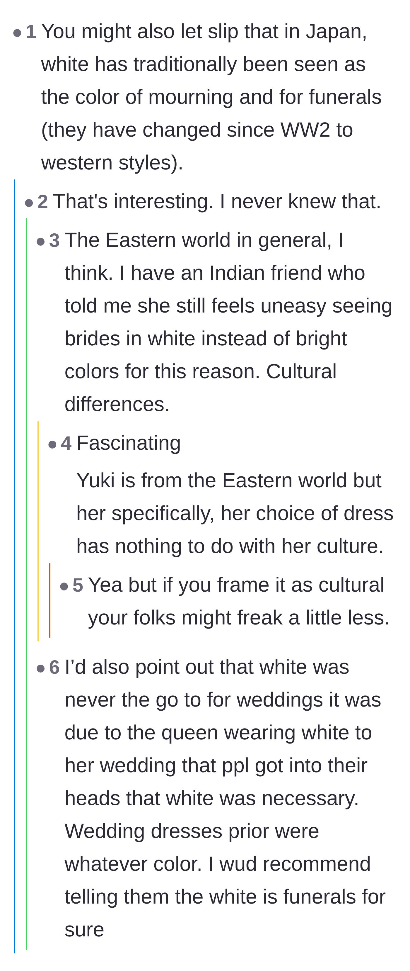 Comment thread 4 - A debate over whether the groom should lie and blame the black dress on his fiancée's cultural background.
