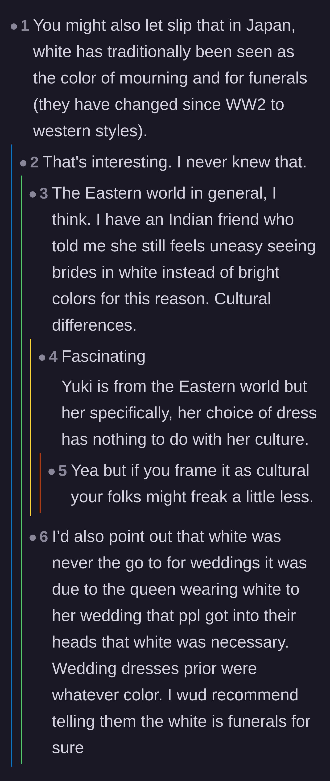 Comment thread 4 - A debate over whether the groom should lie and blame the black dress on his fiancée's cultural background.