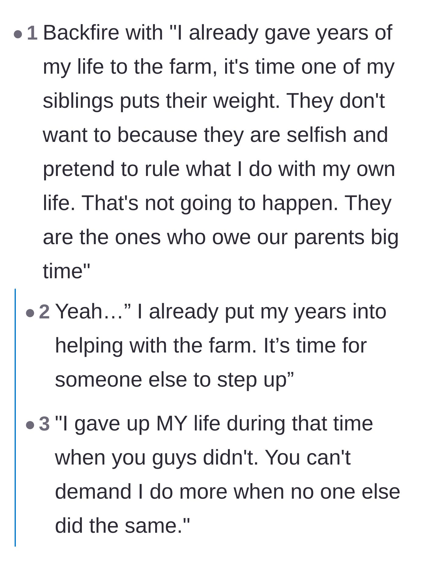 Comment thread 1 - Discussing the grueling, 365-day reality of farm work and turning the siblings' logic against them.