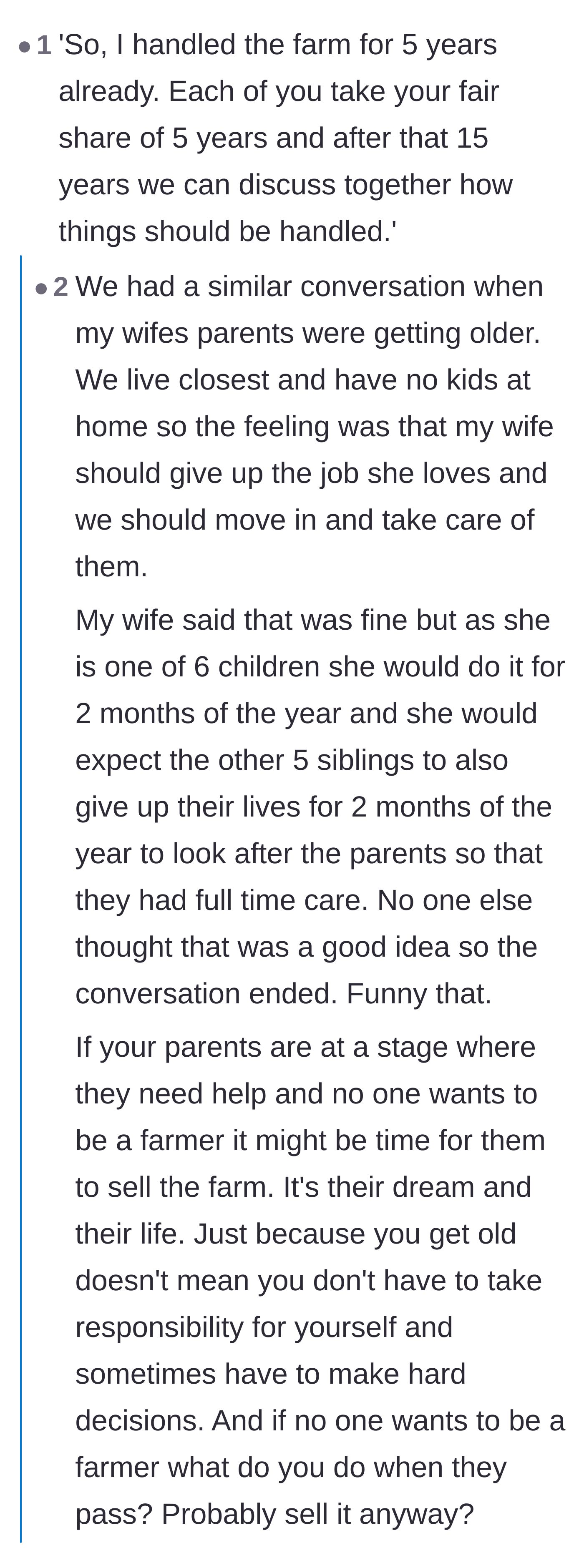 Comment thread 2 - Proposing a prorated labor split among the siblings and suggesting selling the farm if no one steps up.