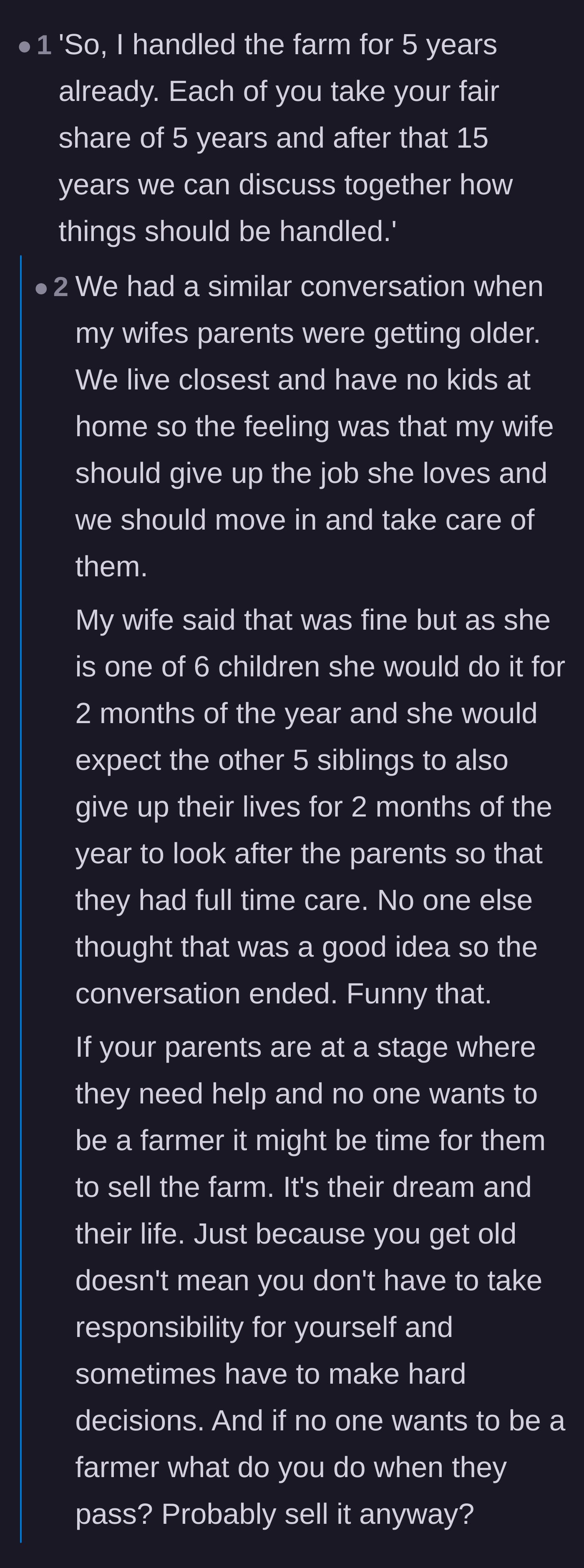 Comment thread 2 - Proposing a prorated labor split among the siblings and suggesting selling the farm if no one steps up.