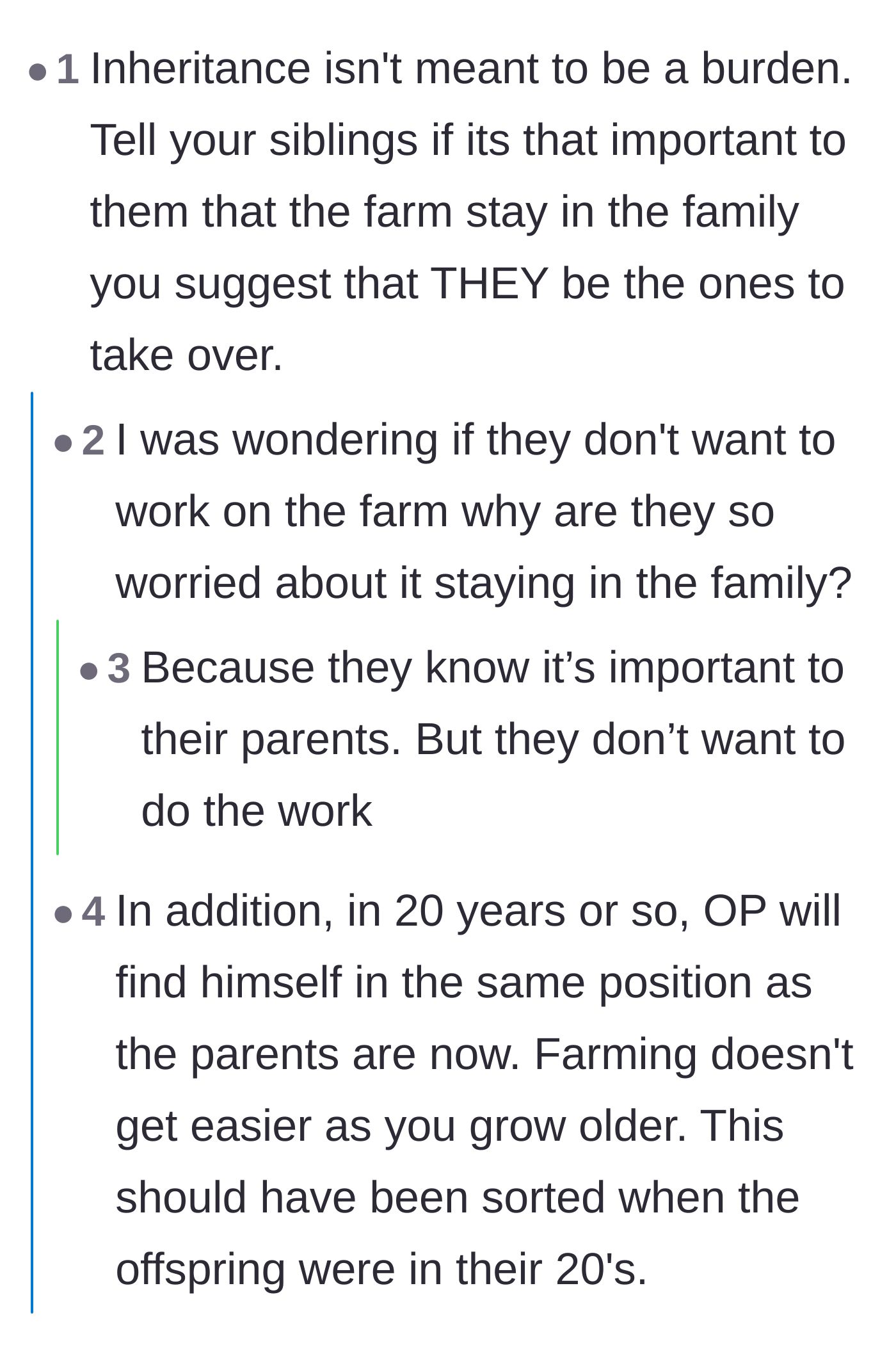 Comment thread 3 - Pointing out that an inheritance shouldn't be a burden and questioning the siblings' motives.