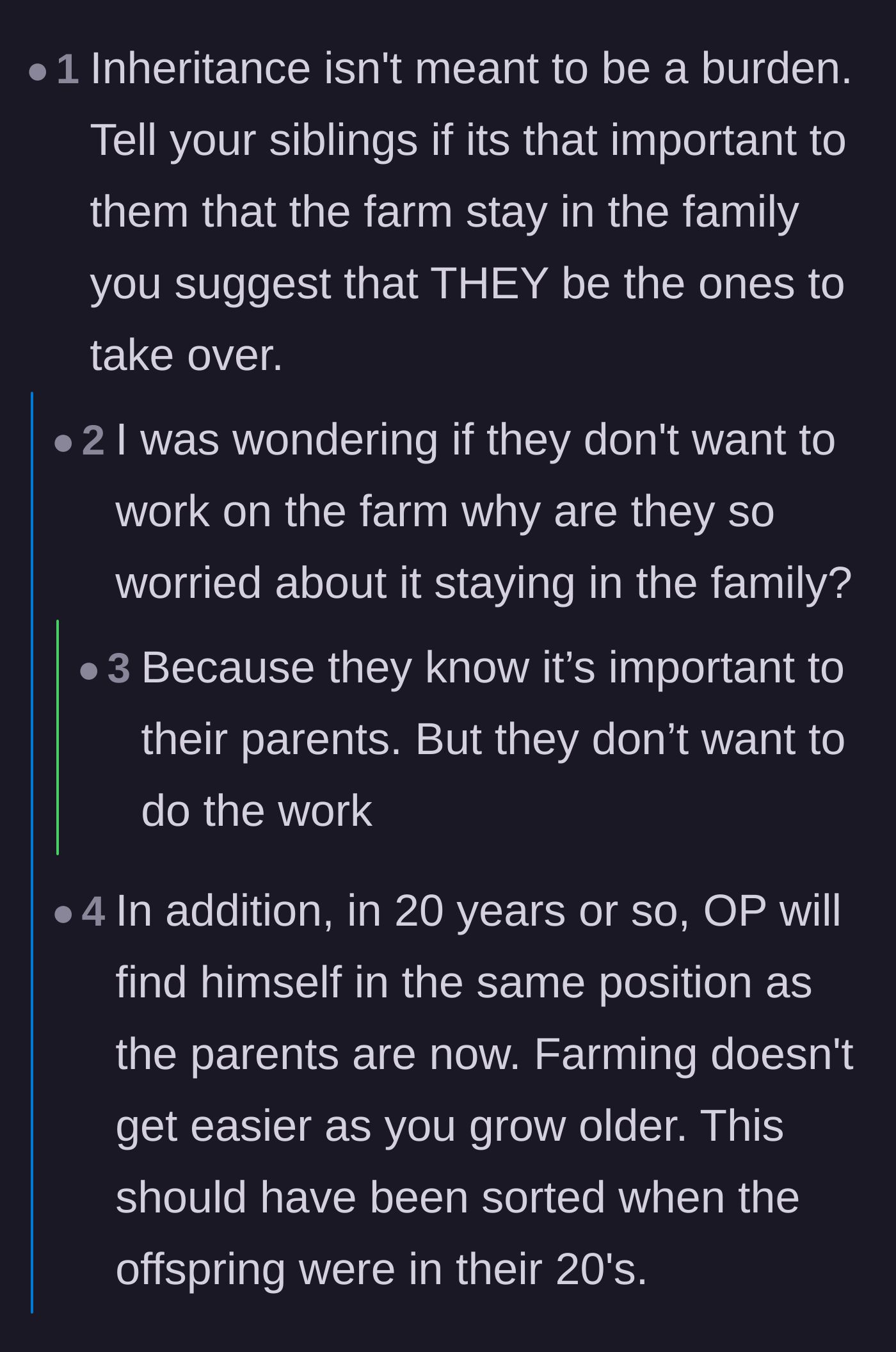 Comment thread 3 - Pointing out that an inheritance shouldn't be a burden and questioning the siblings' motives.