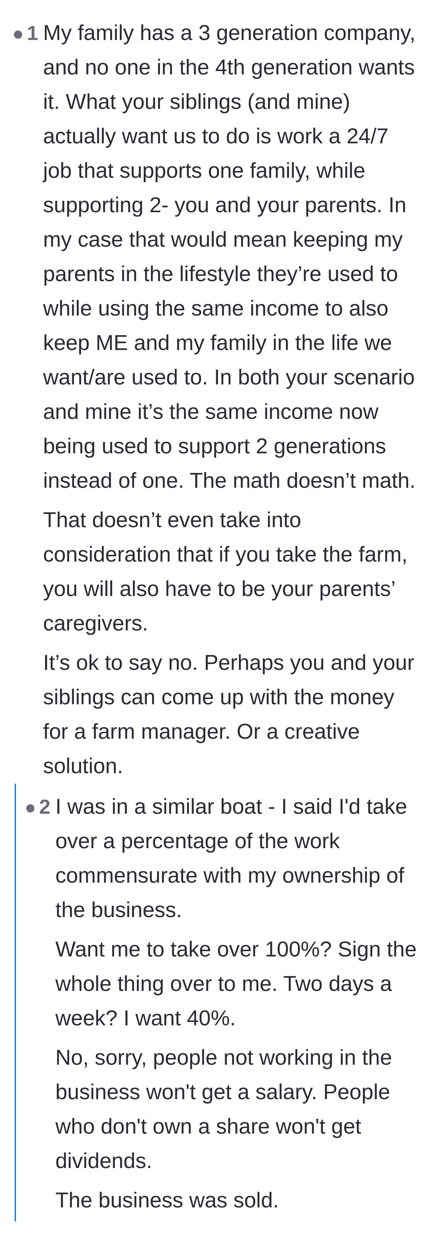 Comment thread 4 - Highlighting the flawed math of supporting two generations on one farm income and suggesting a farm manager.