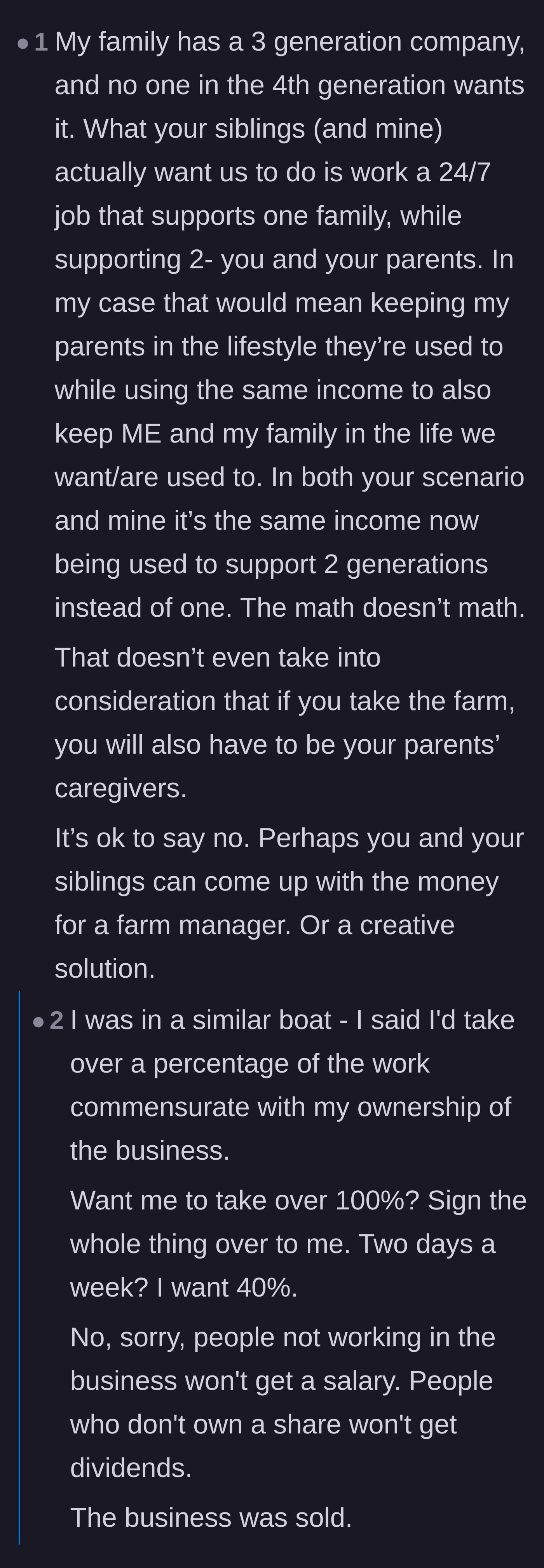 Comment thread 4 - Highlighting the flawed math of supporting two generations on one farm income and suggesting a farm manager.