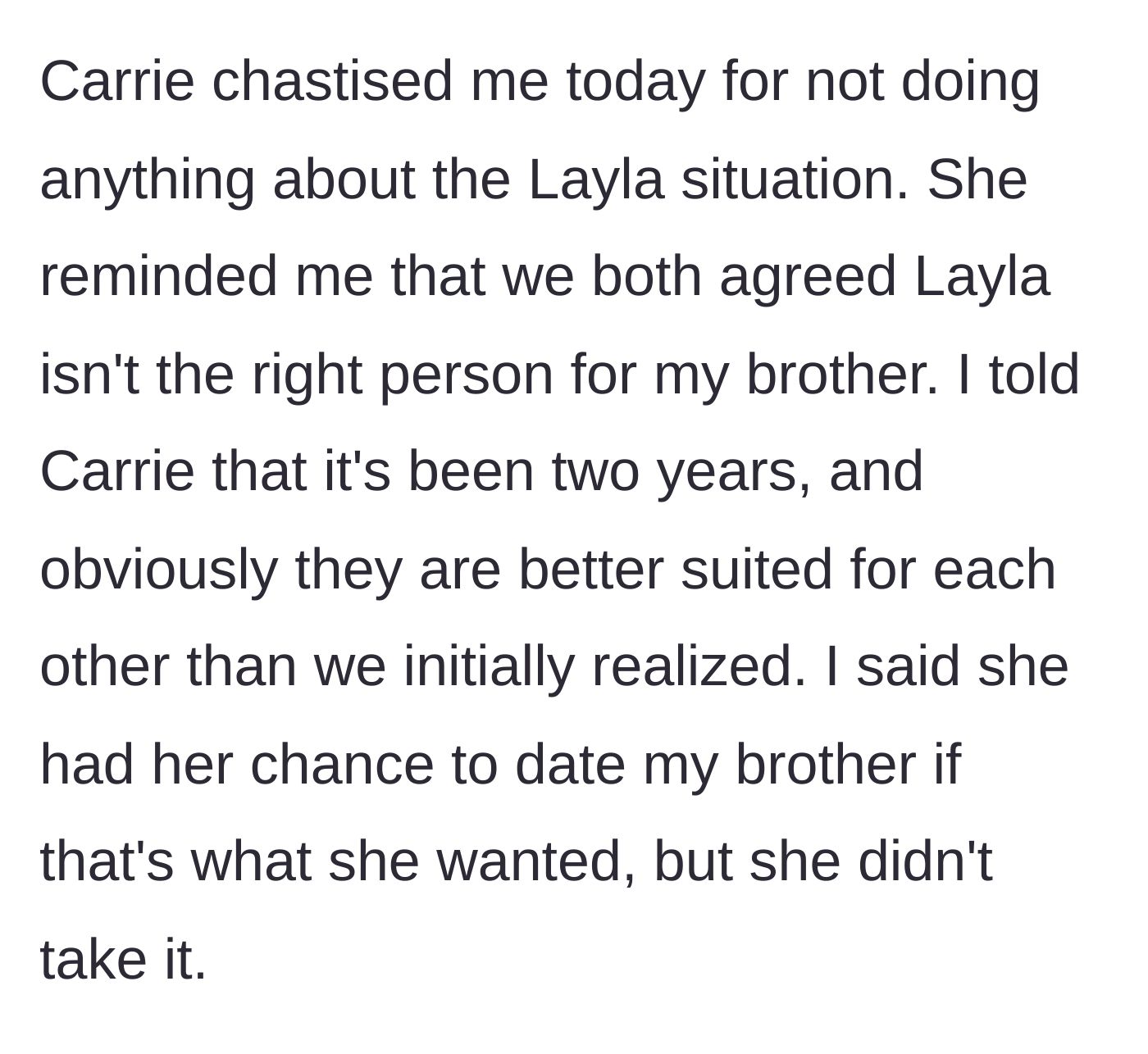 Story part 5 - Carrie scolds the sister for giving up on the sabotage, and the sister points out Carrie missed her chance to date the brother.