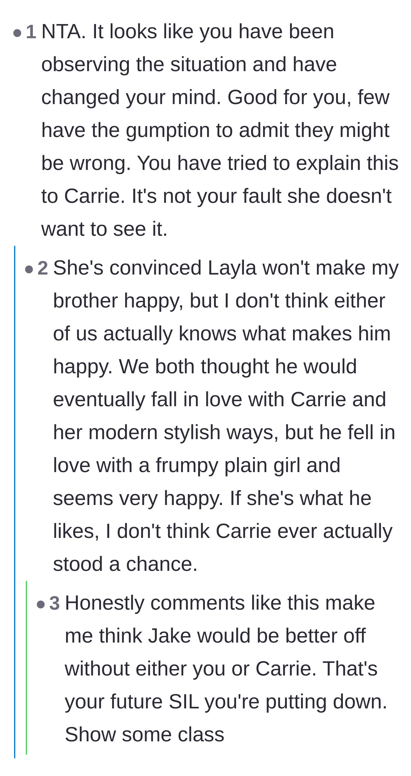Comment thread 2 - Commenters calling out the sister for describing her future sister-in-law as plain and frumpy despite claiming to support the marriage.