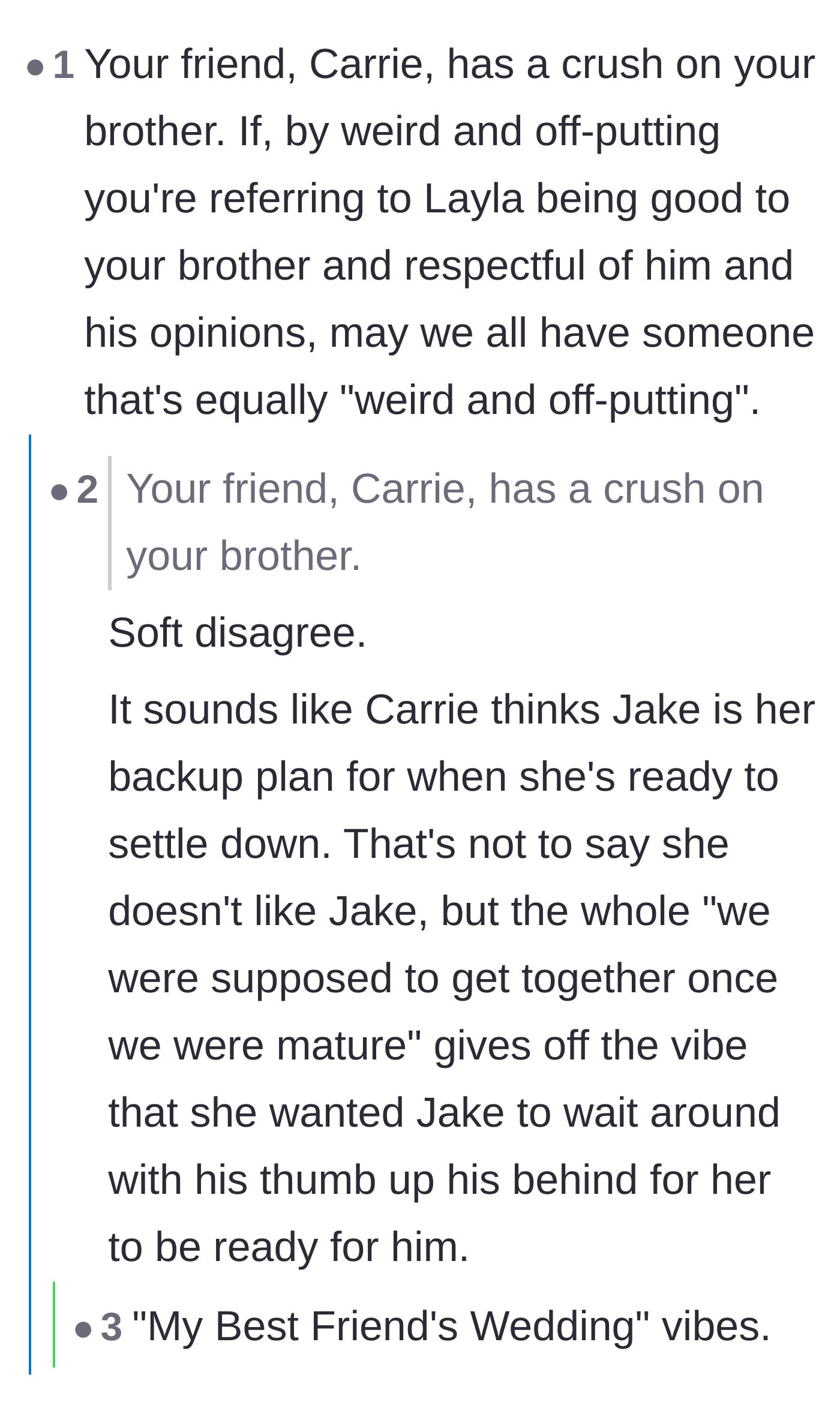 Comment thread 4 - A debate on whether the friend actually loves the brother or just views him as a convenient safety net.