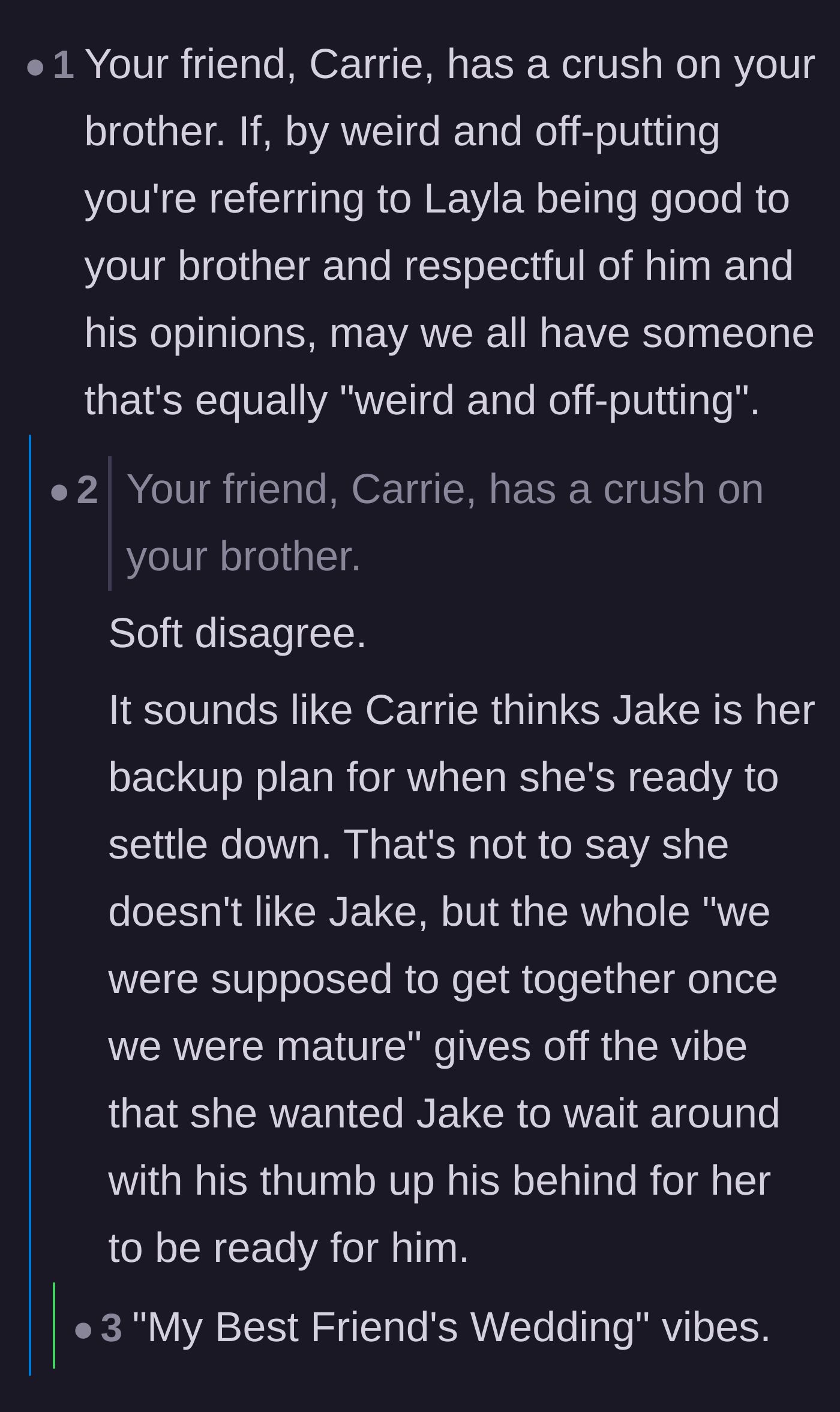 Comment thread 4 - A debate on whether the friend actually loves the brother or just views him as a convenient safety net.
