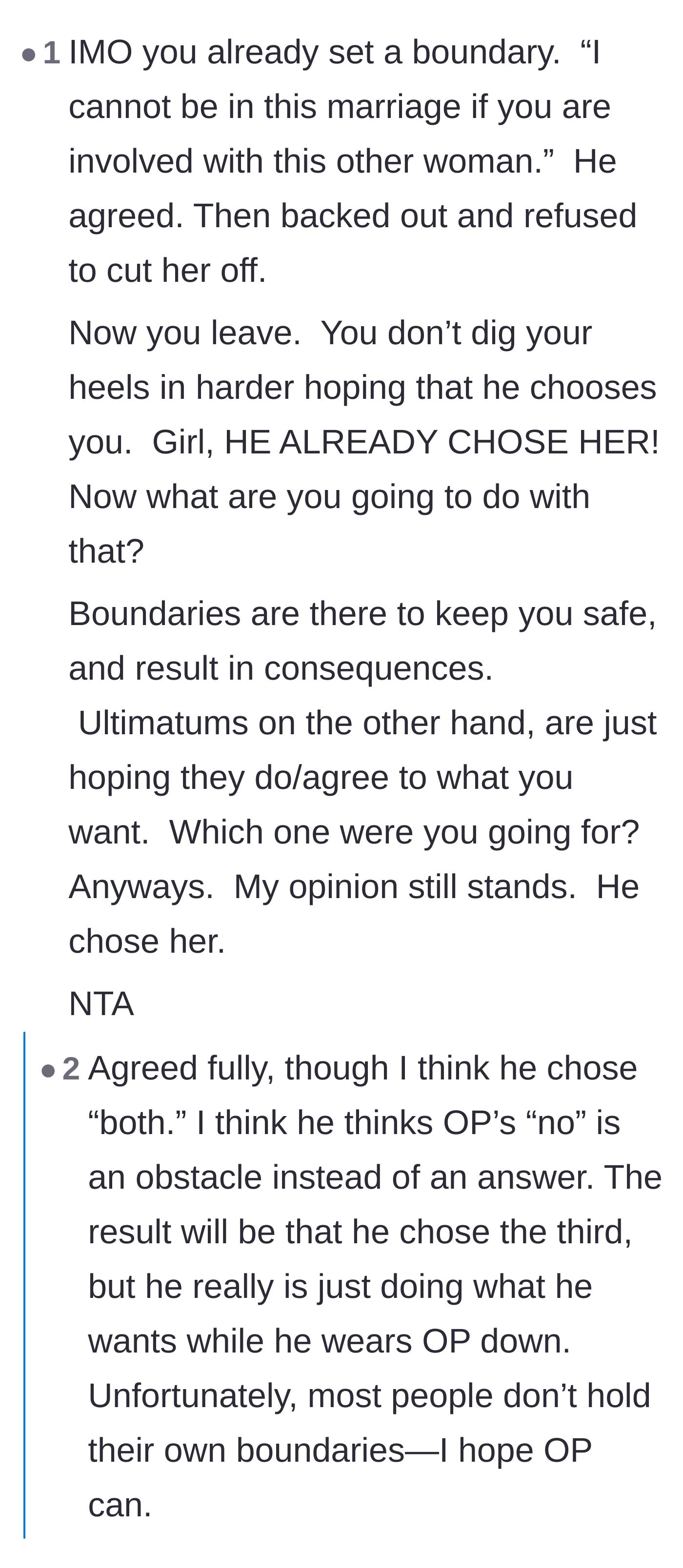 Comment thread 1 - A discussion about the difference between boundaries and ultimatums, and how the husband has already made his choice.