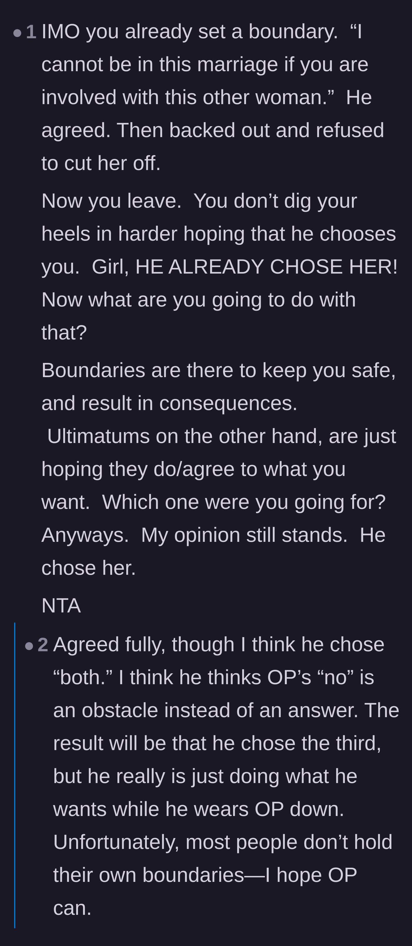 Comment thread 1 - A discussion about the difference between boundaries and ultimatums, and how the husband has already made his choice.