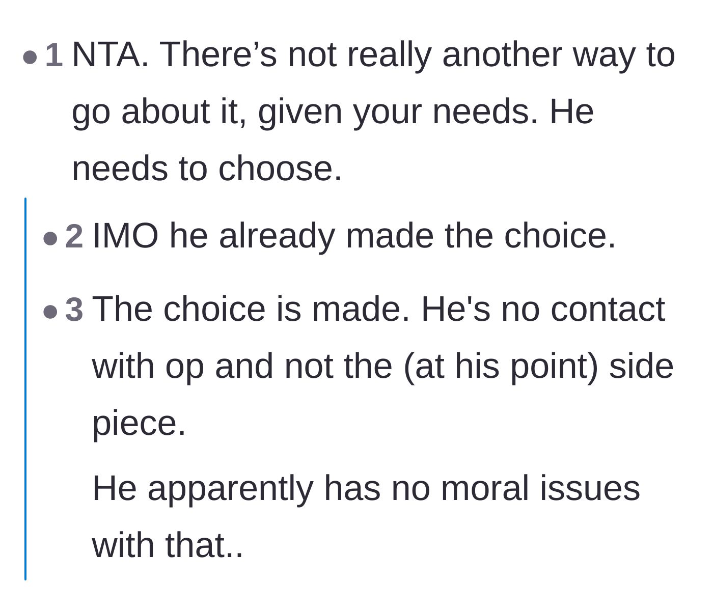 Comment thread 3 - Readers pointing out the painful irony of the husband going no-contact with his wife but staying in touch with the other woman.