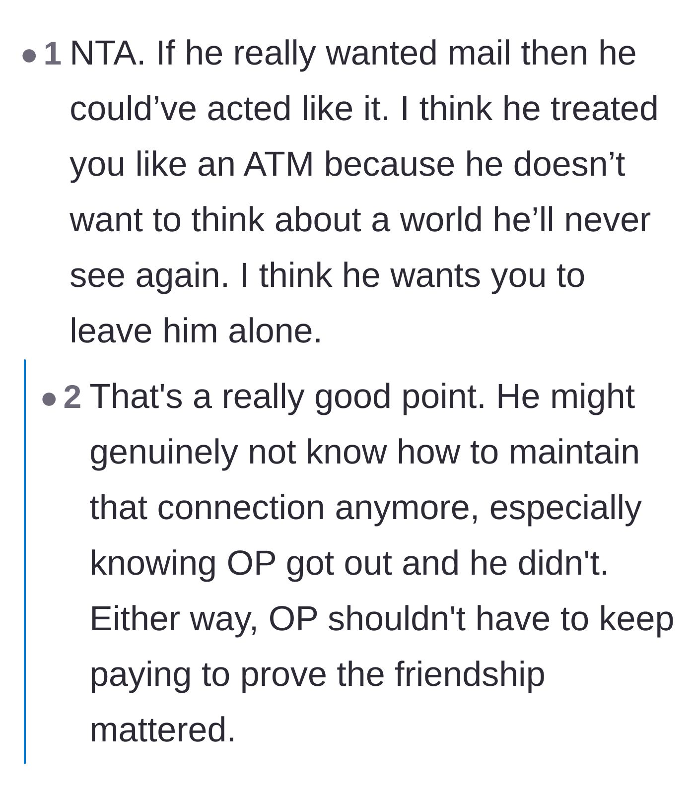 Comment thread 4 - The theory that the lifer kept asking for cash specifically because hearing about freedom was too painful.