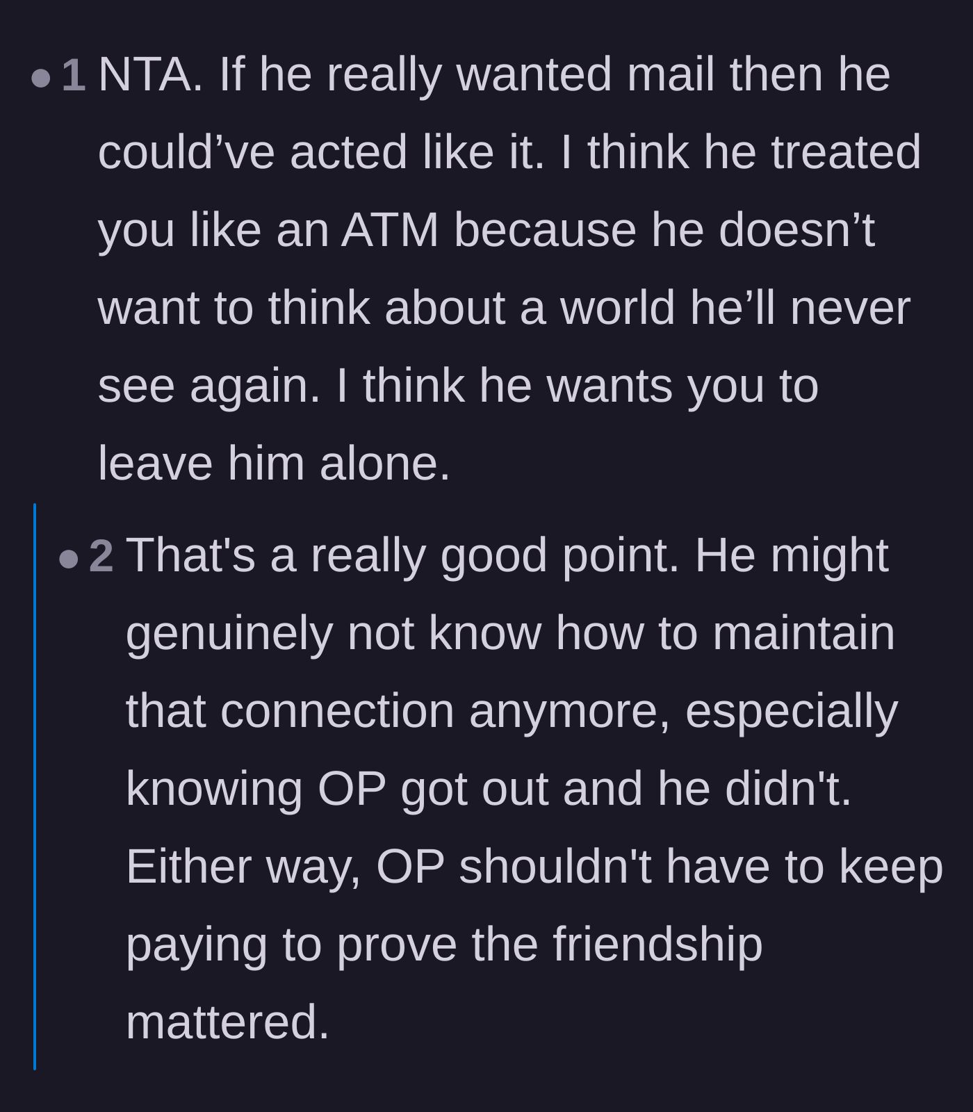 Comment thread 4 - The theory that the lifer kept asking for cash specifically because hearing about freedom was too painful.