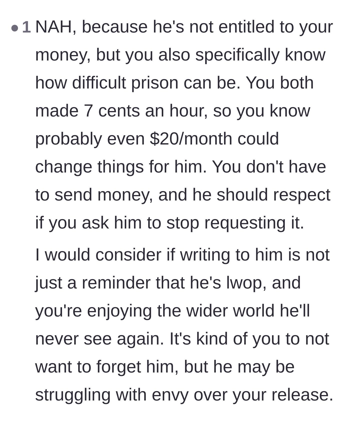 Comment thread 5 - A perspective reminding the writer of those brutal 7-cents-an-hour wages and the reality of life-without-parole.