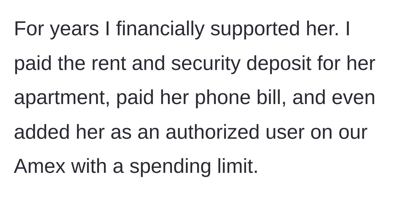 Story part 2 - Son lists the extensive financial support he provides for his mother, including an Amex card.
