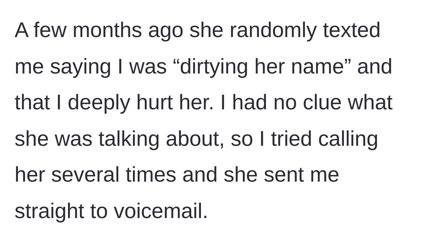 Story part 3 - Mother sends a sudden text accusing the son of ruining her reputation.
