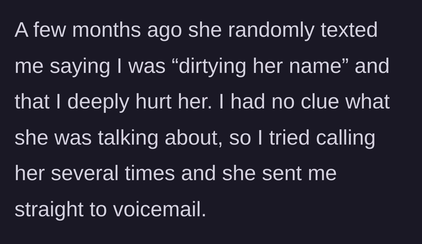 Story part 3 - Mother sends a sudden text accusing the son of ruining her reputation.