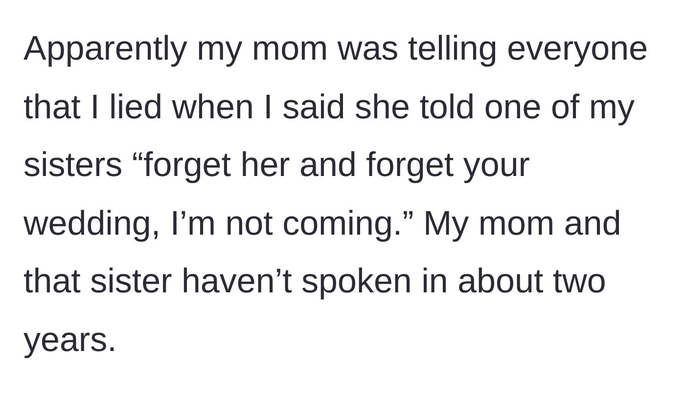 Story part 5 - Son discovers his mother is lying about a past conflict regarding a sister's wedding.