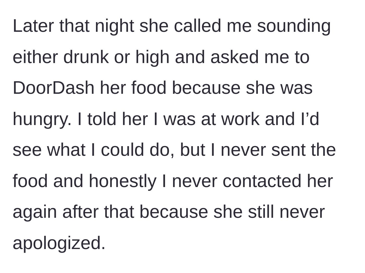 Story part 7 - Mother calls under the influence asking for food, and the son ignores the request.