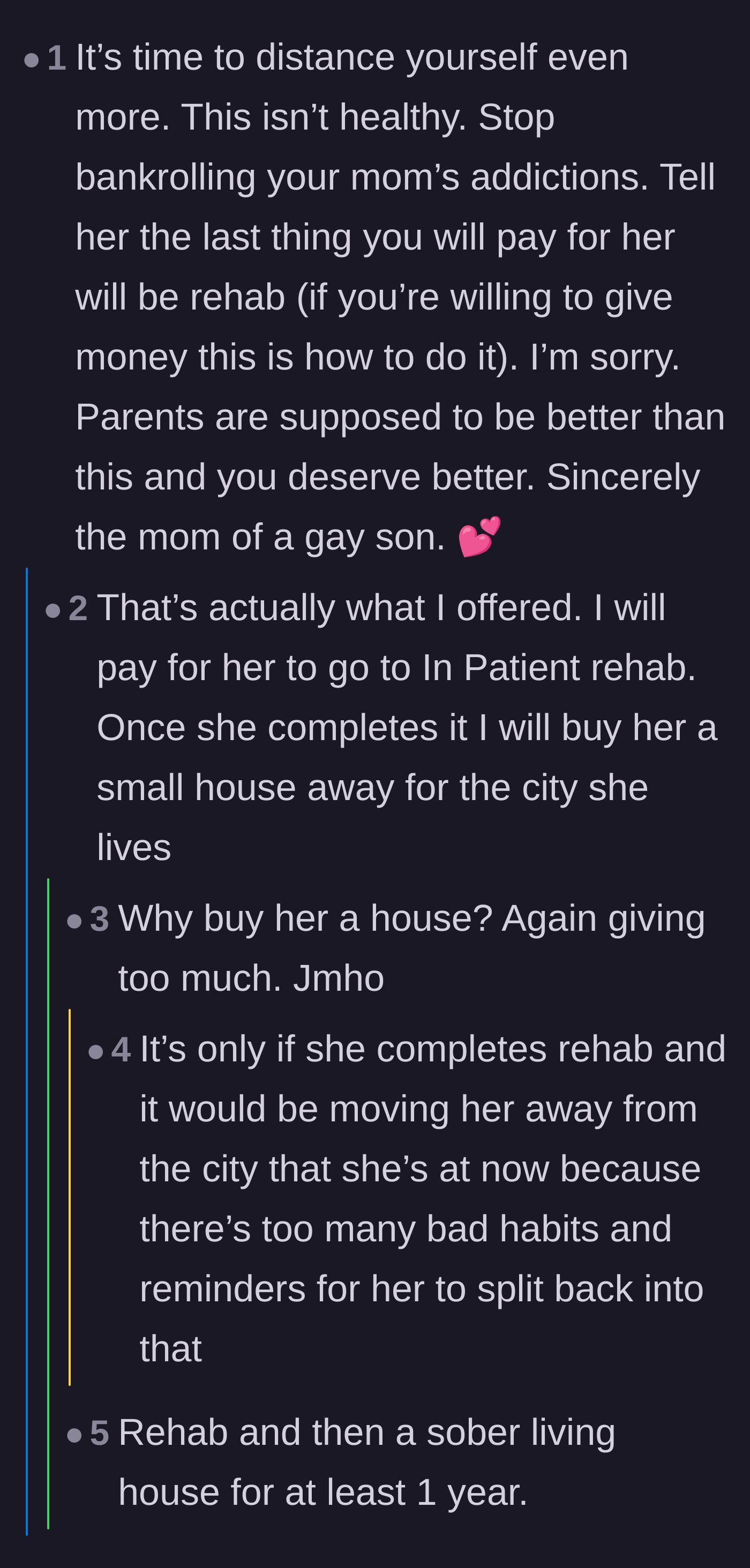 Comment thread 3 - A former substance abuse counselor explains why buying a house for a recovering addict is a dangerous idea that often leads to relapse.